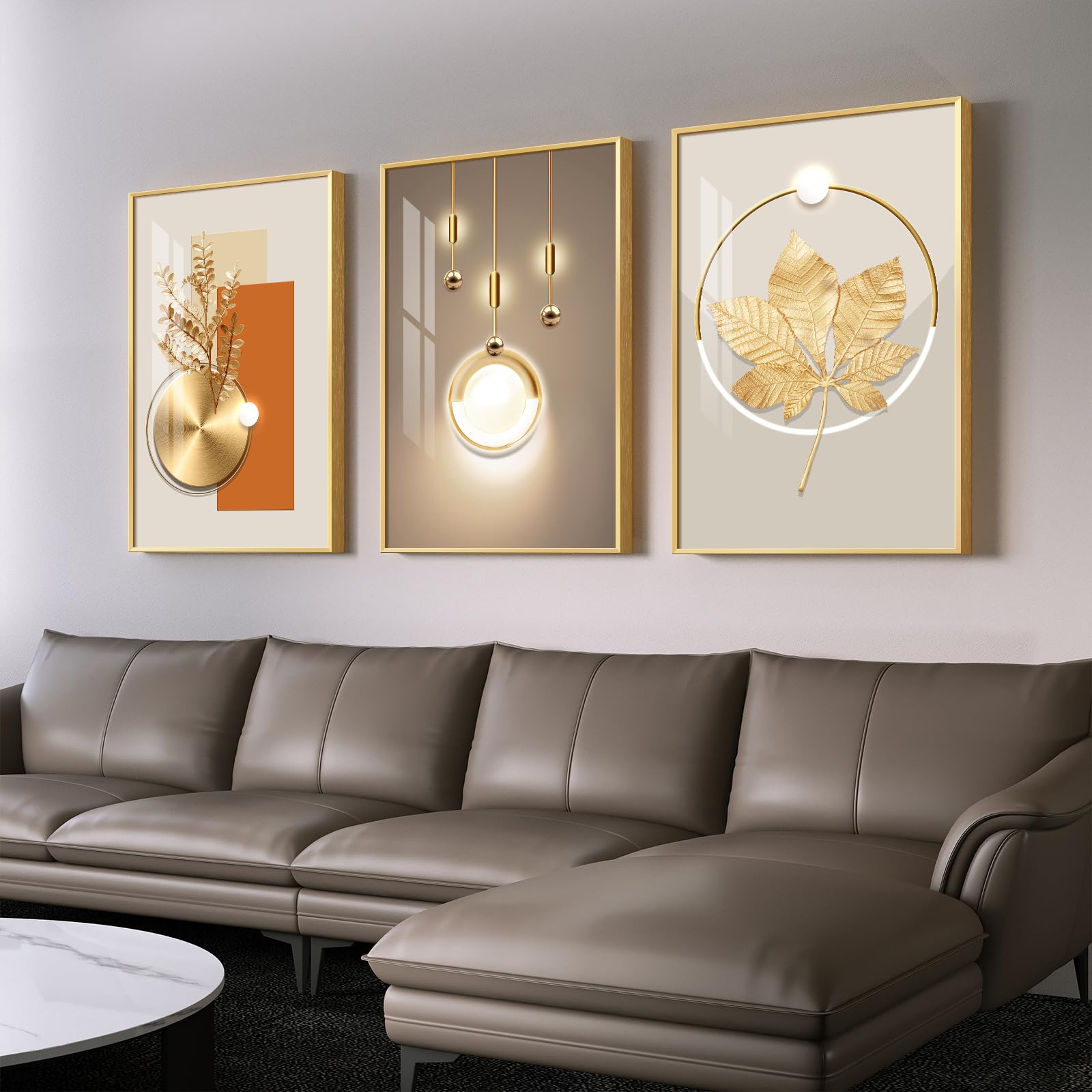 Framed Modern Luxury Gold Wall Art For Living Room, Set Of 3 Piece Contemporary Paintings Artwork For Walls, Golden Prints Pictu