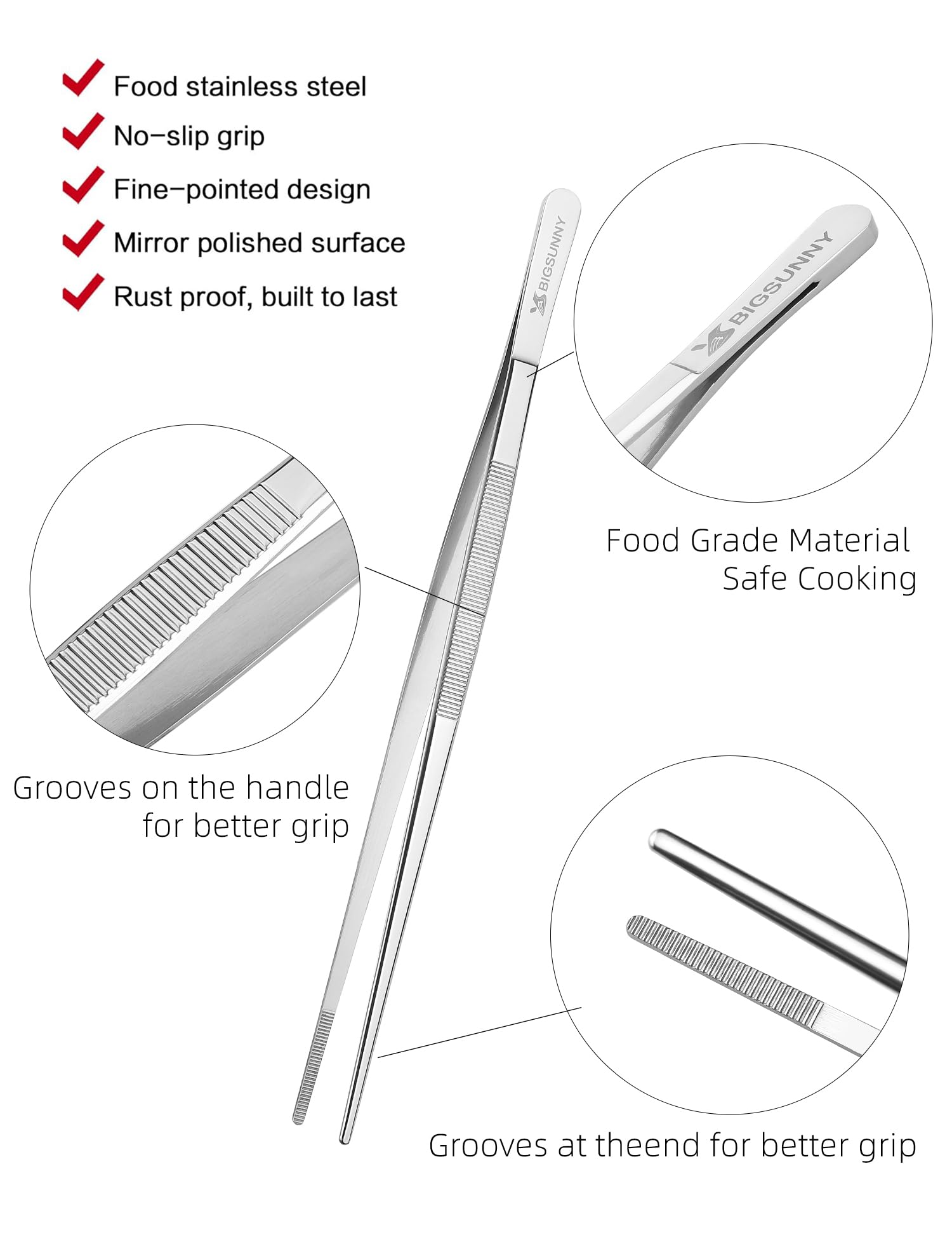 Set Of 3 Kitchen Tweezers Fine Tweezer Tongs, Msy Bigsunny Stainless Steel Food Tweezers, Precision Serrated Tips Food Tongs (8.
