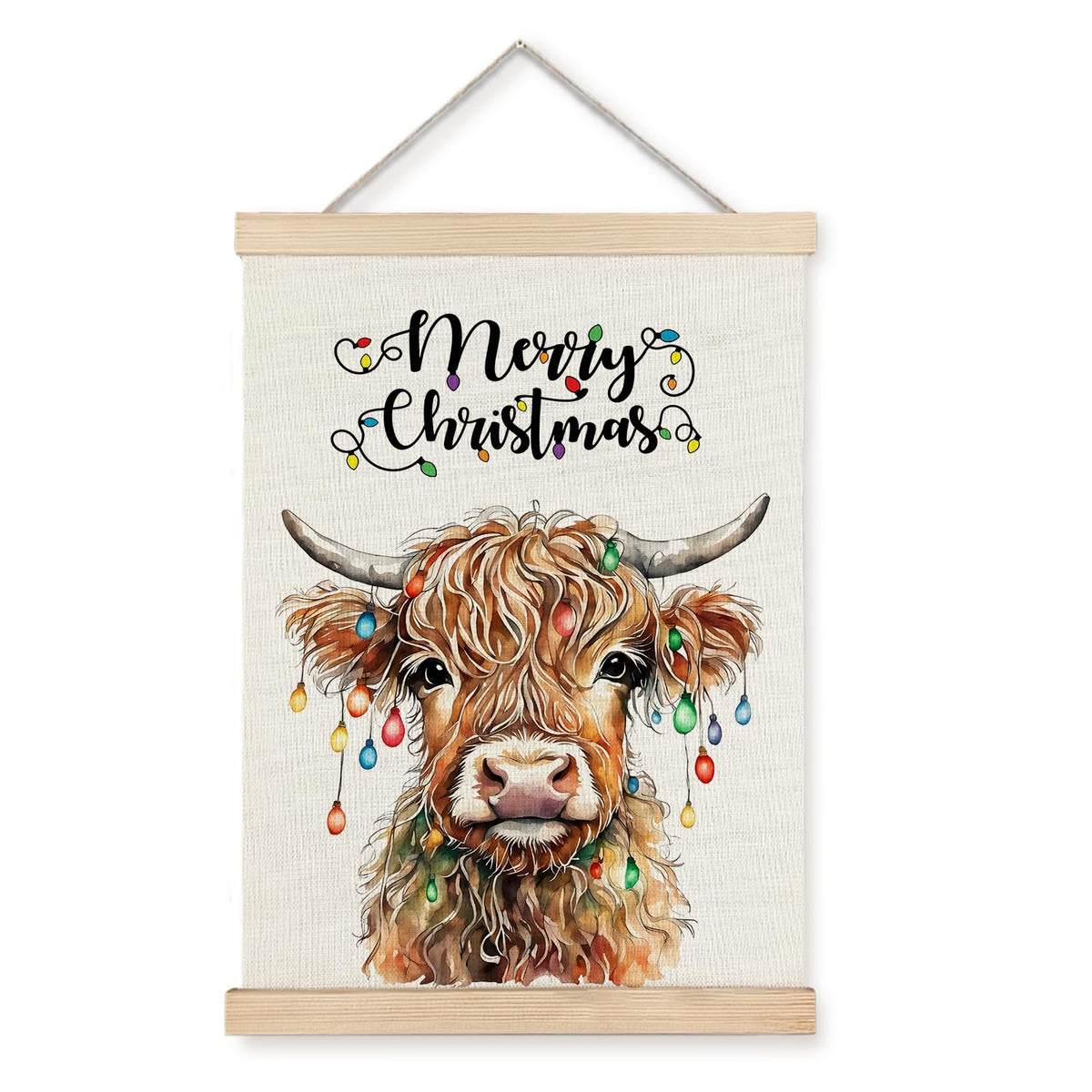 Luvadian Christmas Highland Cow Wall Art With Wooden Poster Hanger, Merry Christmas Wall Decorations, Highland Cow Wall Decor, C