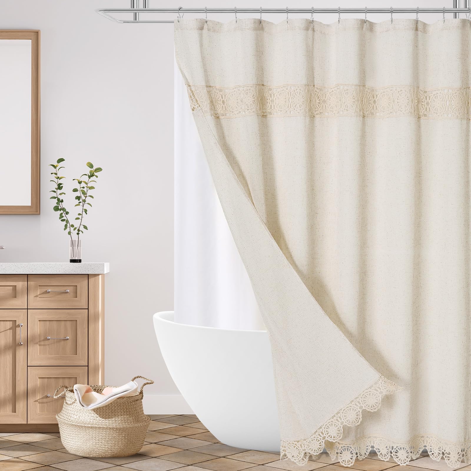Gibelle Extra Long Boho Farmhouse Shower Curtain, Thick Linen Cotton Fabric Shower Curtain With Macrame Lace Decor, Modern Bohem