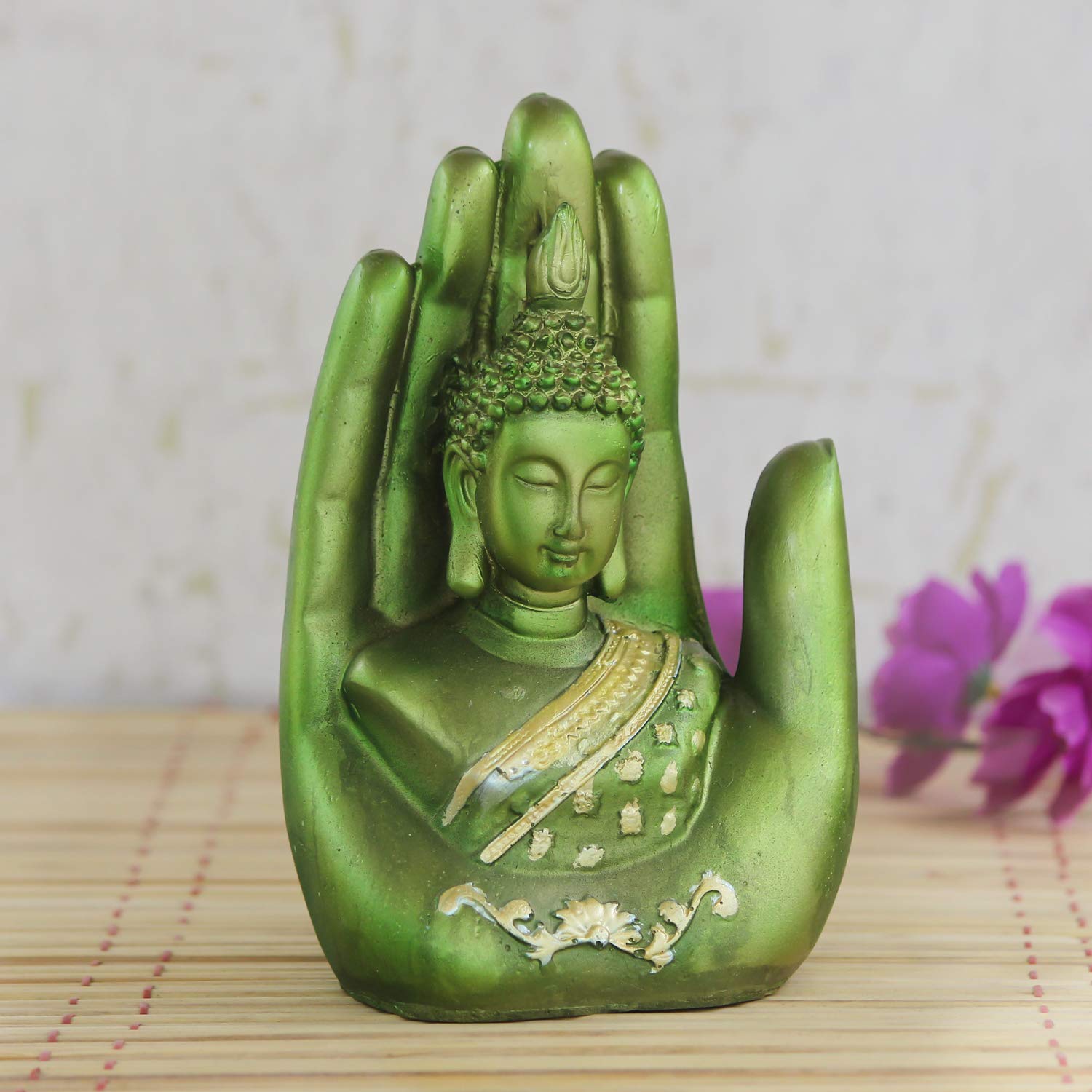 Ecraftindia Palm Buddha Handcrafted (Polyresin, 10 Cm X 16 Cm, Green And Golden, Msgb527_Gr)