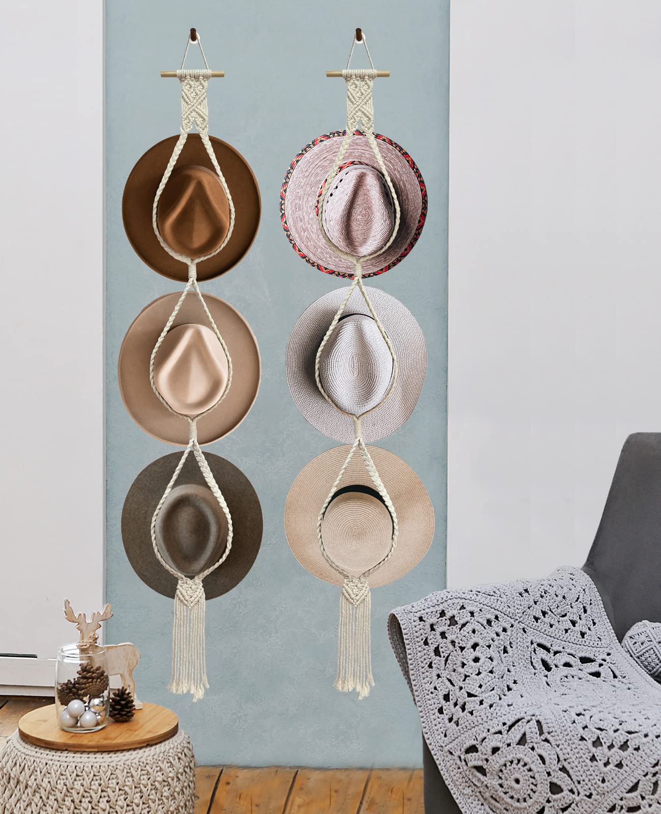 Mayamila 2 Pieces Hat Racks Hat Hangers For Wall, Bohemian Hat Organizer For Wall Hanging Hat Display, Hand Weaving Boho Hat Sto