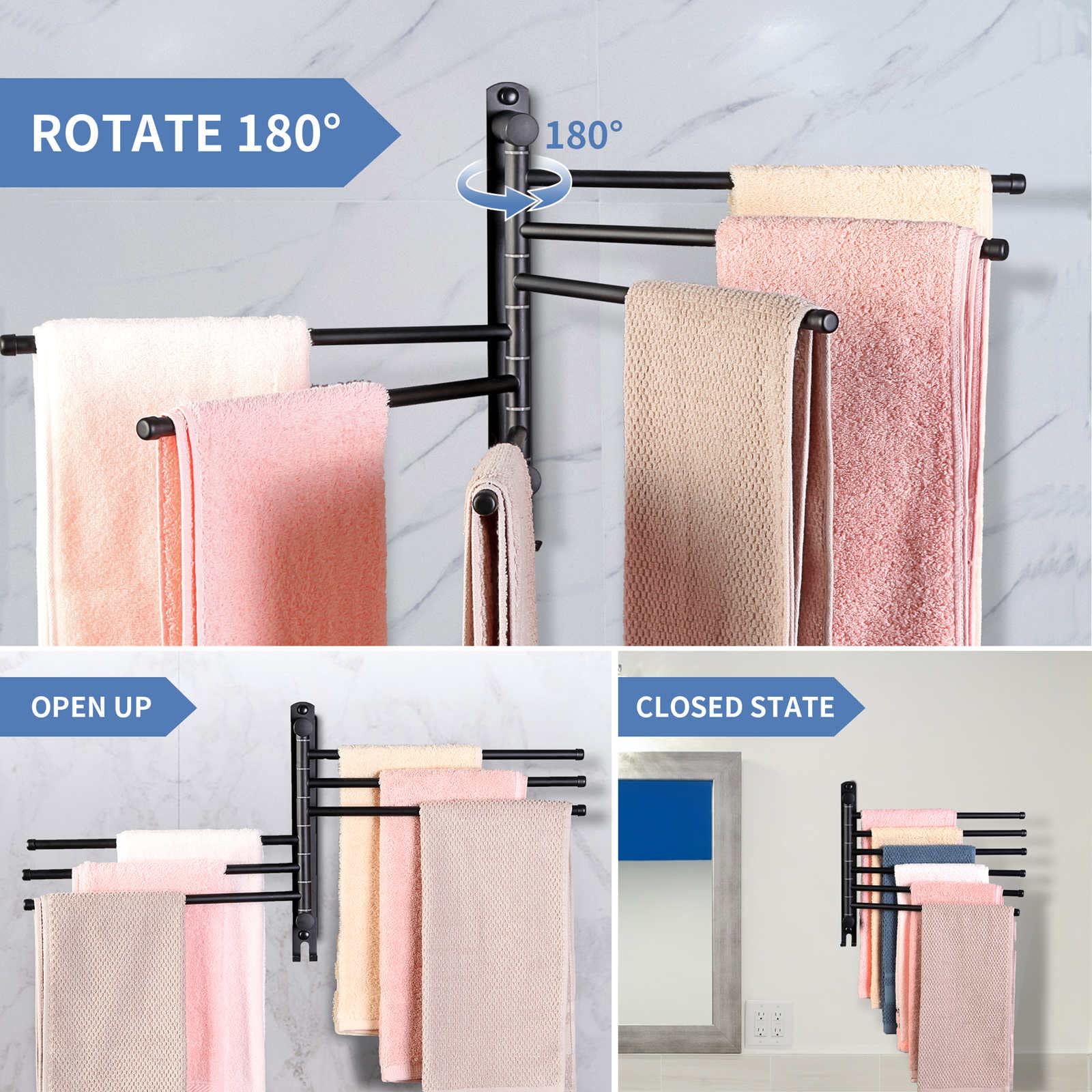 Swivel Towel Rack, Towel Bar With Wall Mounted 180 Rotation, 6 Arms Towel Hanger Sus 304 Stainless Steel, Space Saving For Kitch