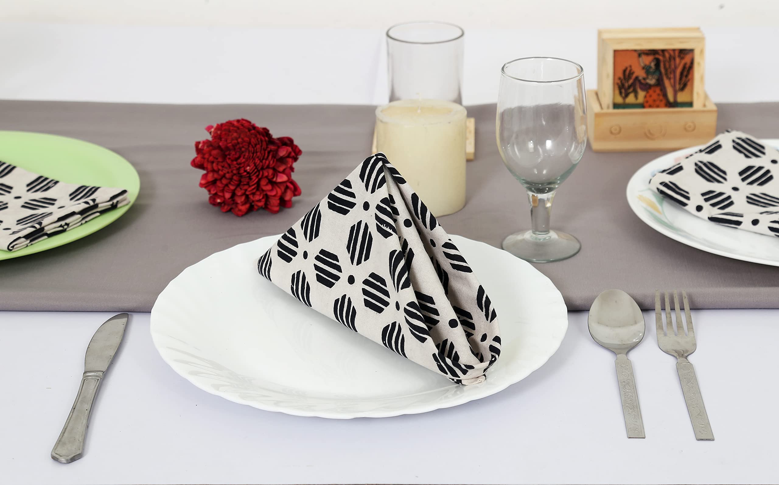 Taran Geometric Beige Print Cotton Dinner Napkins Set Of 12 | 18X18 Inches | 100% Natural, Reusable Linens For Dinner, Events, W