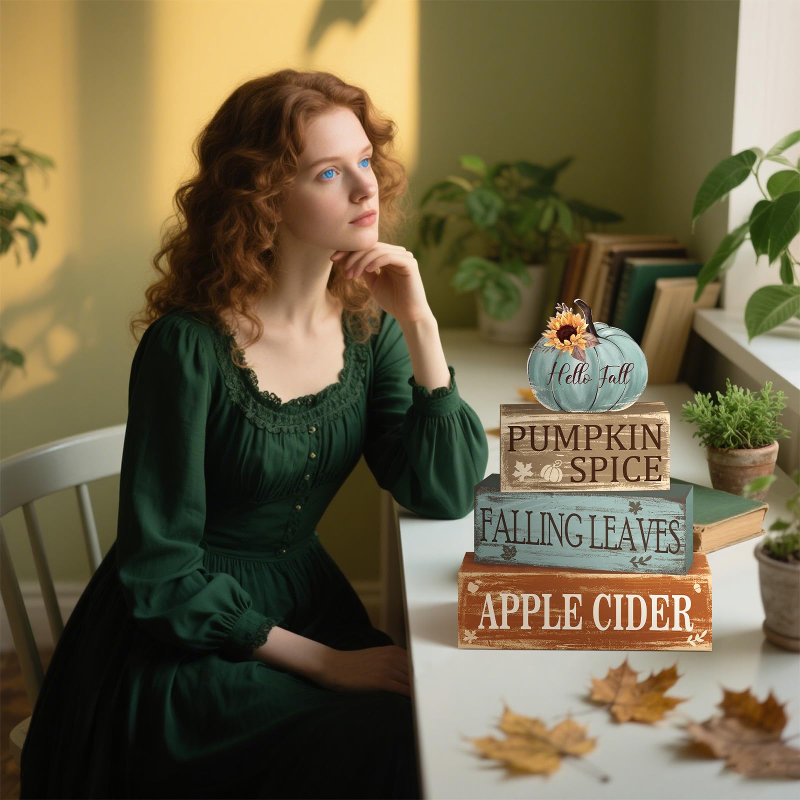 4 Pcs Fall Thanksgiving Decor for Home Hello Fall Wooden Sign with Sunflower Autumn Thanksgiving Tiered Tray Decor Pumpkin Spice