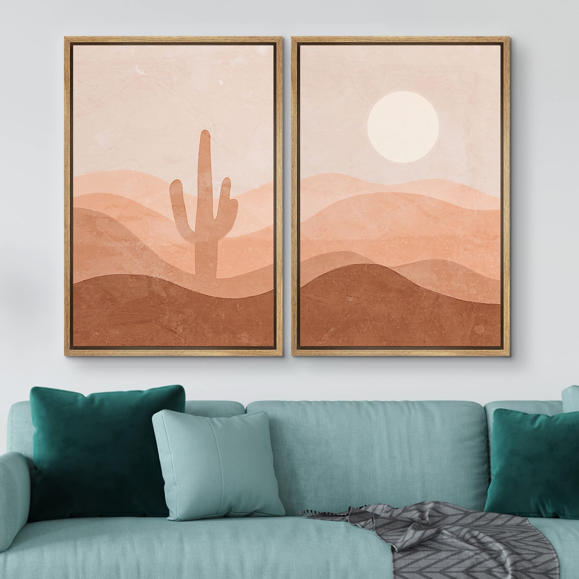 Idea4Wall Framed Wall Art Print Set Cactus Shining Sun Desert Valley Landscape Wilderness Nature Modern Art Boho Graphic Colorfu