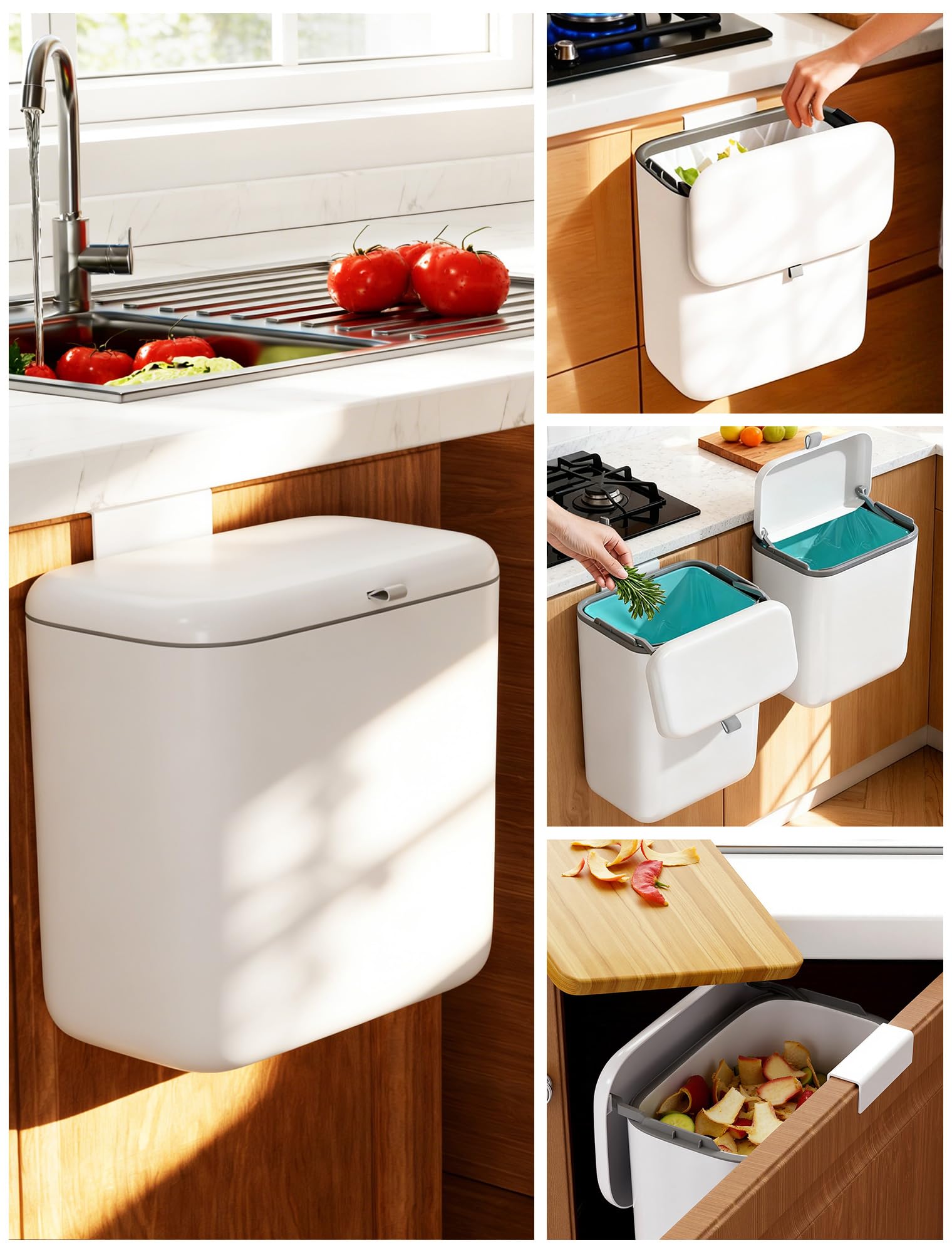 LEGUO Wall Mounted Kitchen Compost Bin with Lid, Hanging Trash Can for Cabinet Door, White Plastic Food Scrap Bin for Kitchen Co