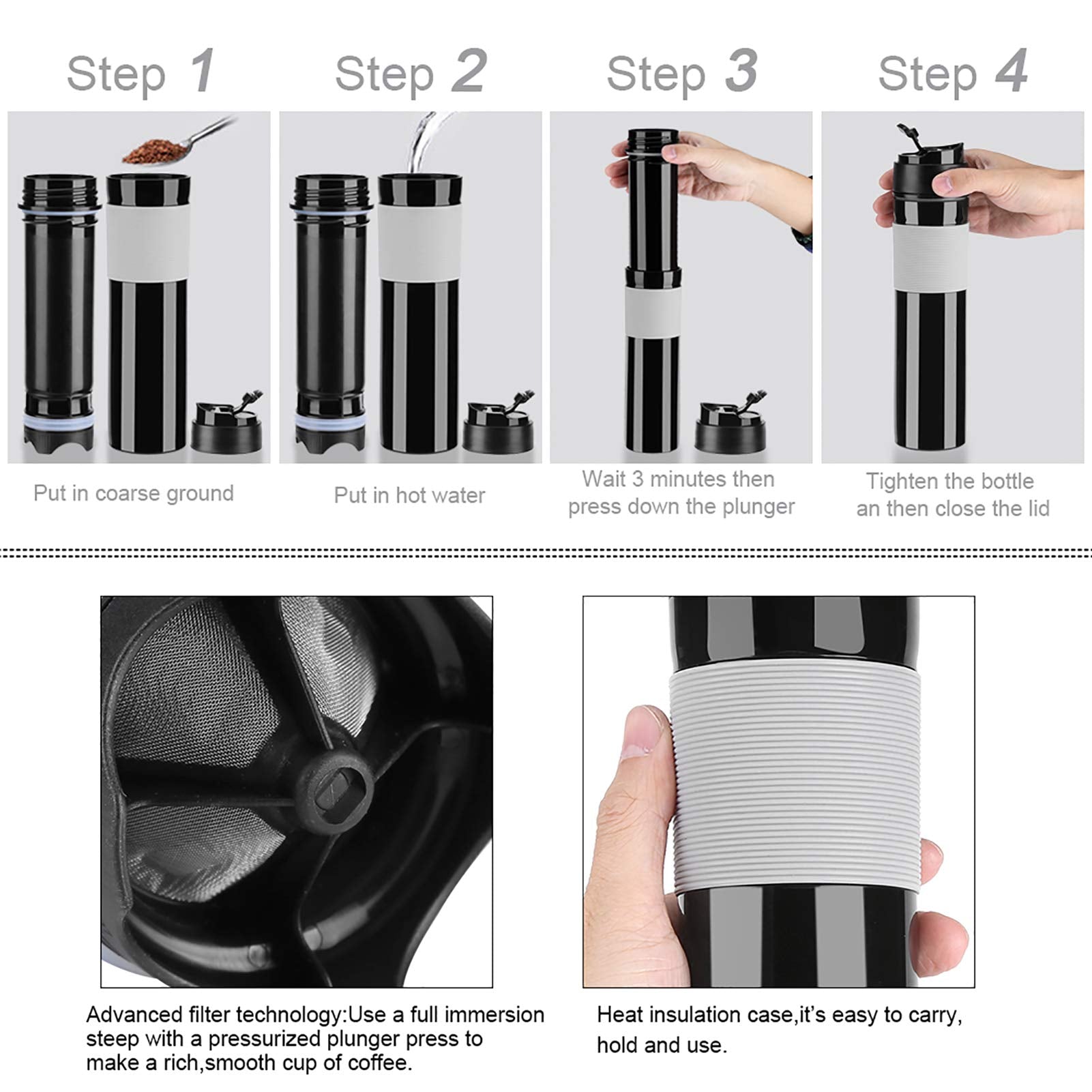 Zerodis 350Ml Portable Tea And Coffee Maker Bottle Coffee Press Bottle Travel French Press Coffee Maker For Commuter Camping Out