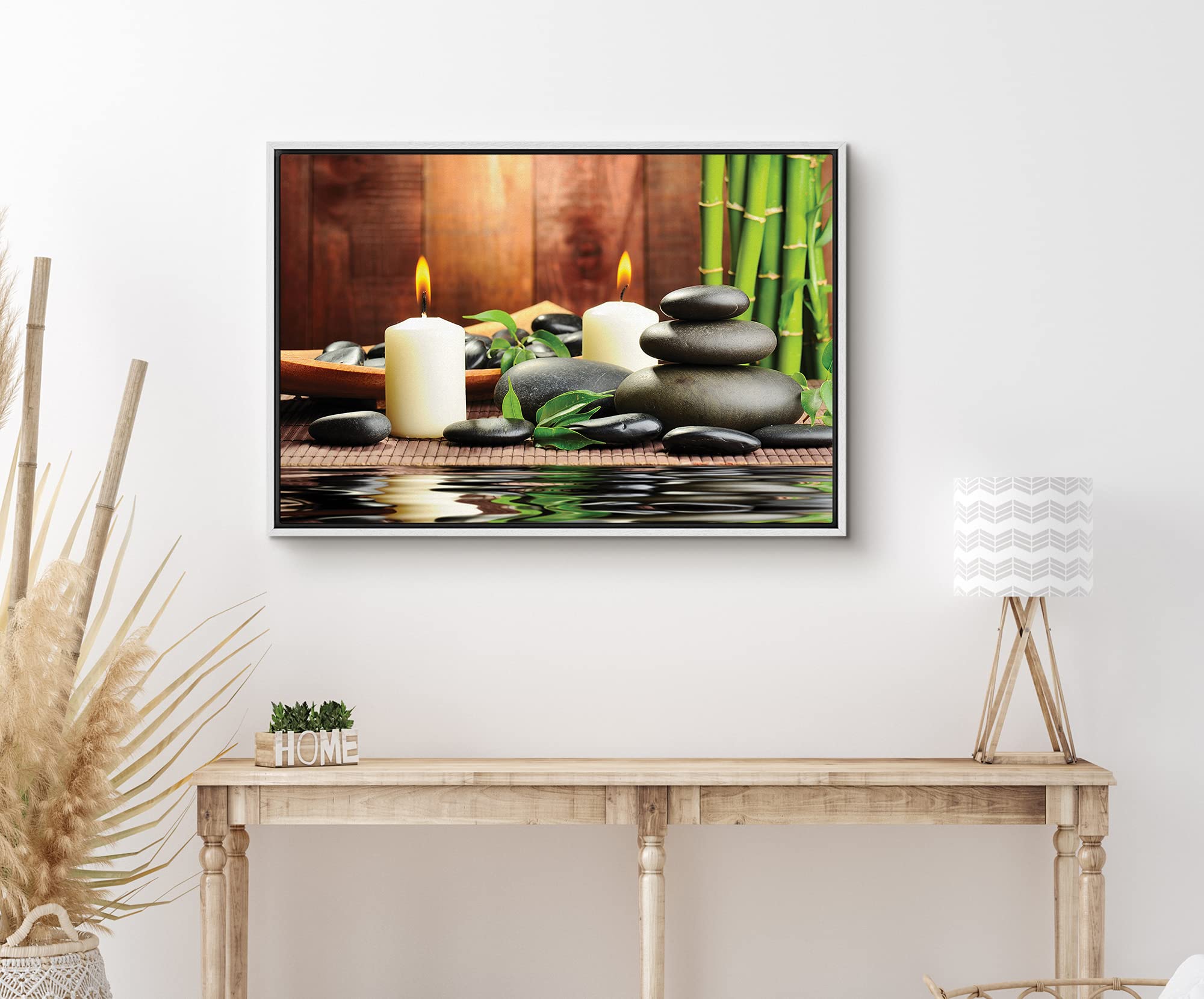 Signford Canvas Print Wall Art Yoga Stones & Candle Duo With Bamboo Floral Plants Photography Modern Art Rustic Group Colorful U