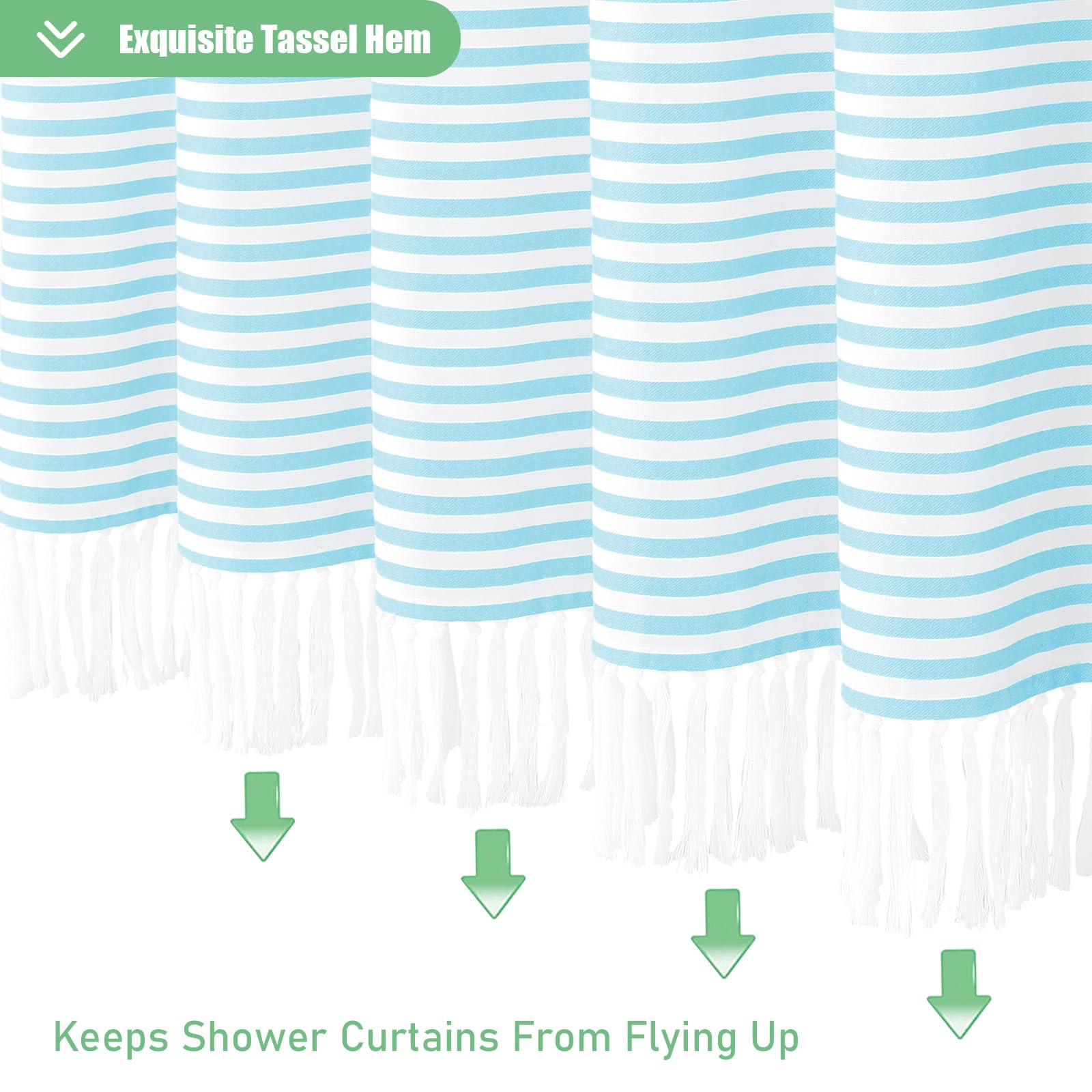 Dynamene Light Blue Fabric Shower Curtain, Farmhouse Boho Striped Tassel Shower Curtain For Bathroom, Bohemian Textured Cloth Sh