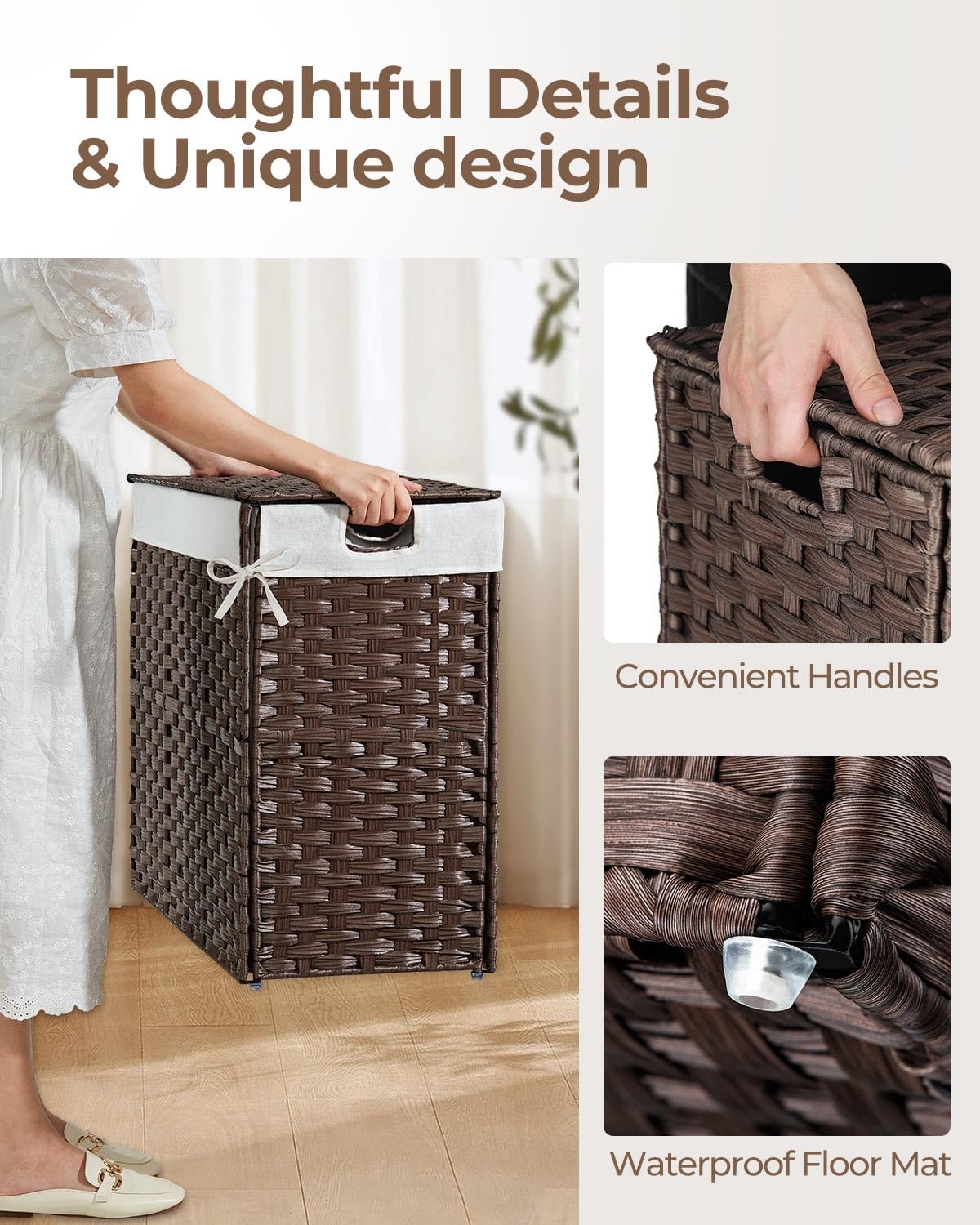 Greenstell Laundry Hamper With Lid, No Install Needed, 90L Wicker Laundry Baskets Foldable 2 Removable Liner Bags, 2 Section Clo