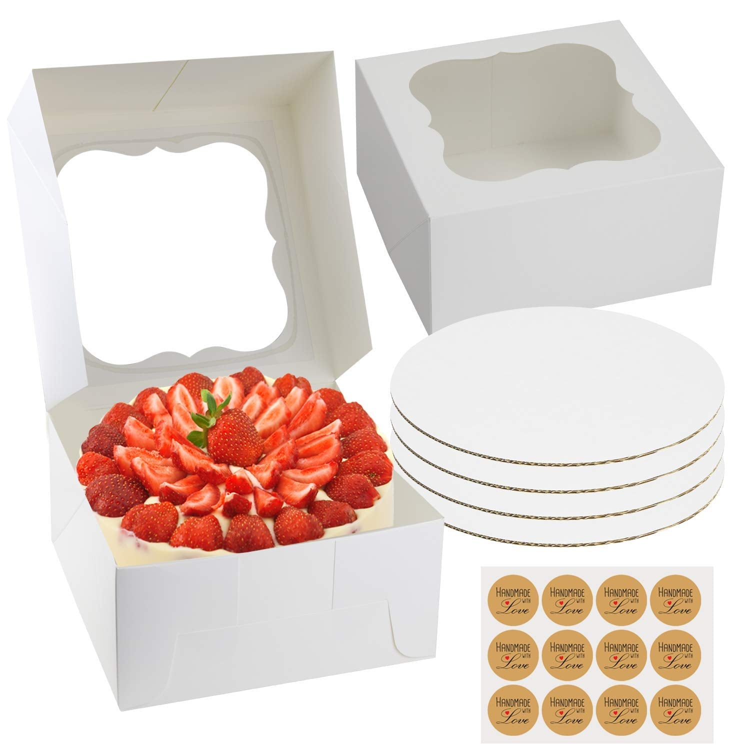 Selmy Cake Boxes 10 Inch Cake Box With Boards And Stickers [12-Pack] Cake Box With Window White Cake Boxes 10X10X5