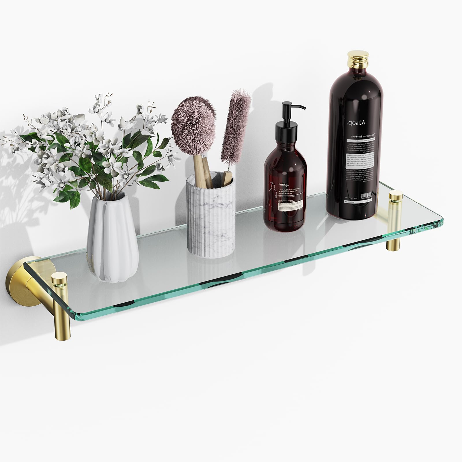 KOCOK Glass Bathroom Shelf,16-Inch Brushed Gold Glass Shelf for Bathroom Stainless Steel Tempered Glass Floating Shelf for Wall 