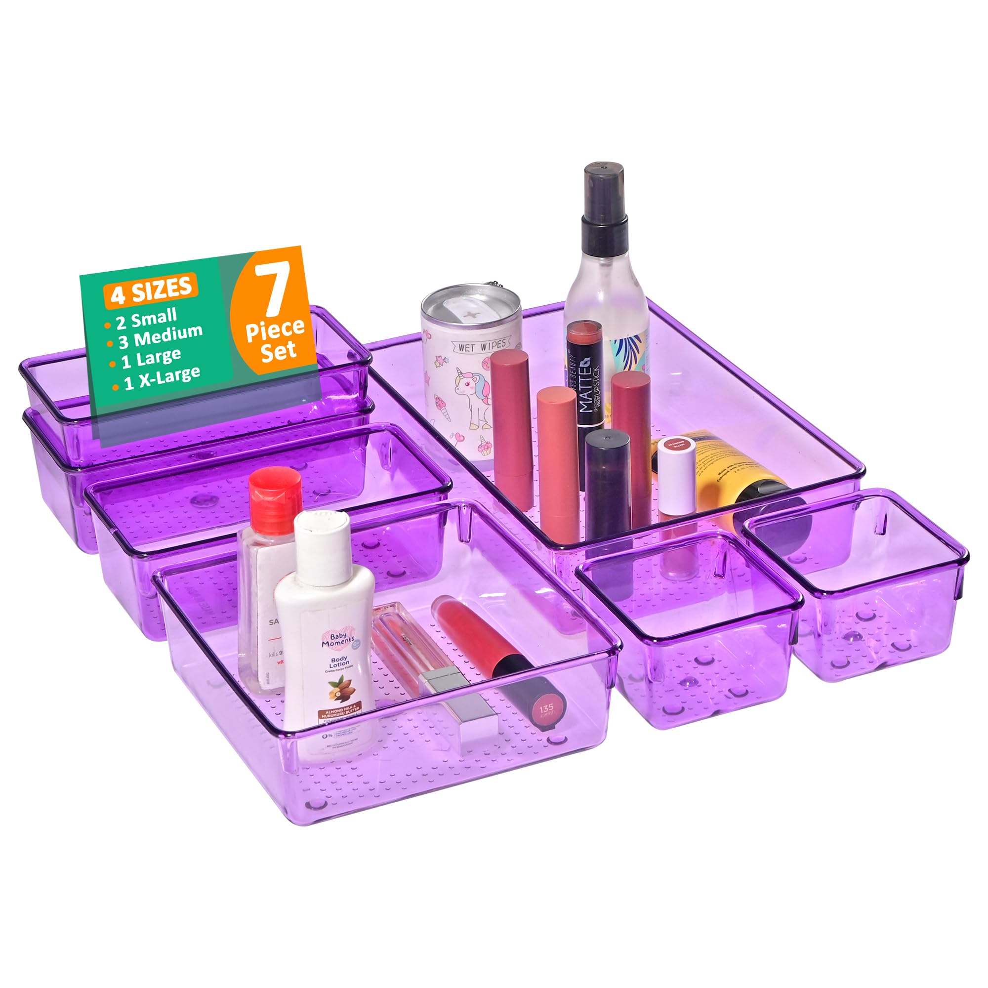 Kuber Industries Acrylic Set Of 7 Transparent Cosmetic Organizer Tray | Drawers Organisers For Kitchen, Office And Bathroom Vani