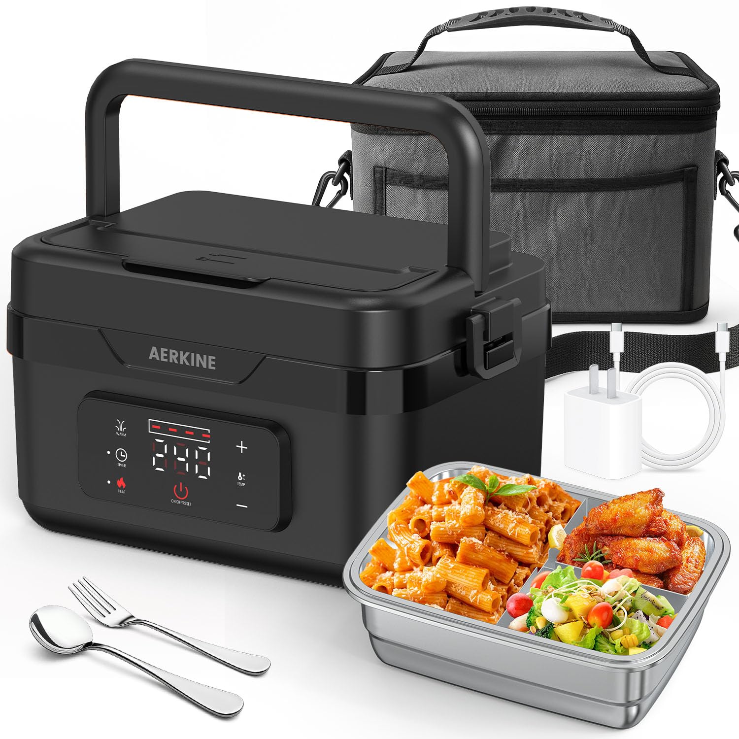 Aerkine Electric Lunch Box For Adults - Rechargeable 60W Self-Heating Food Warmer With 1.0L Stainless Steel Container, Heated Lu