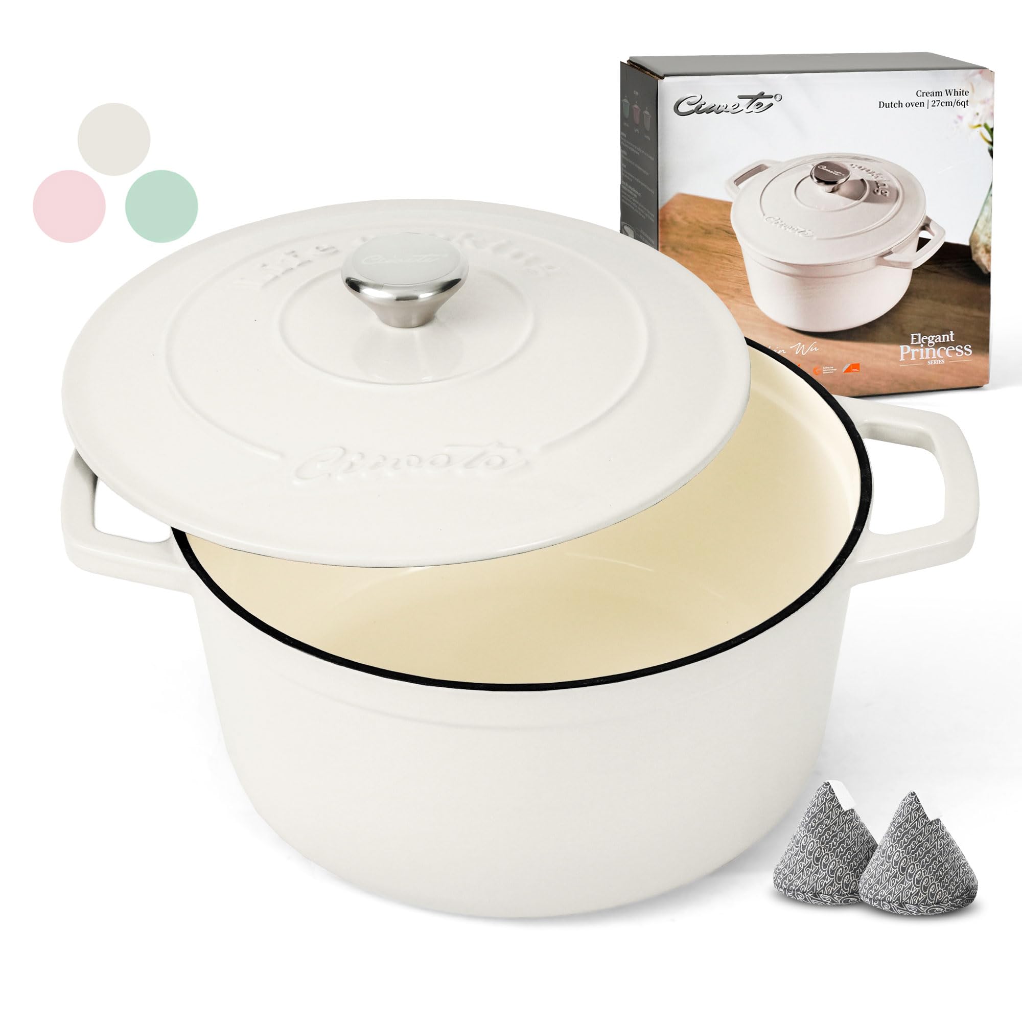 6Qt Dutch Oven Pot With Lid, Enameled Cast Iron Dutch Oven For Bread Making, Braiser, Cooking, Dual Handles, White