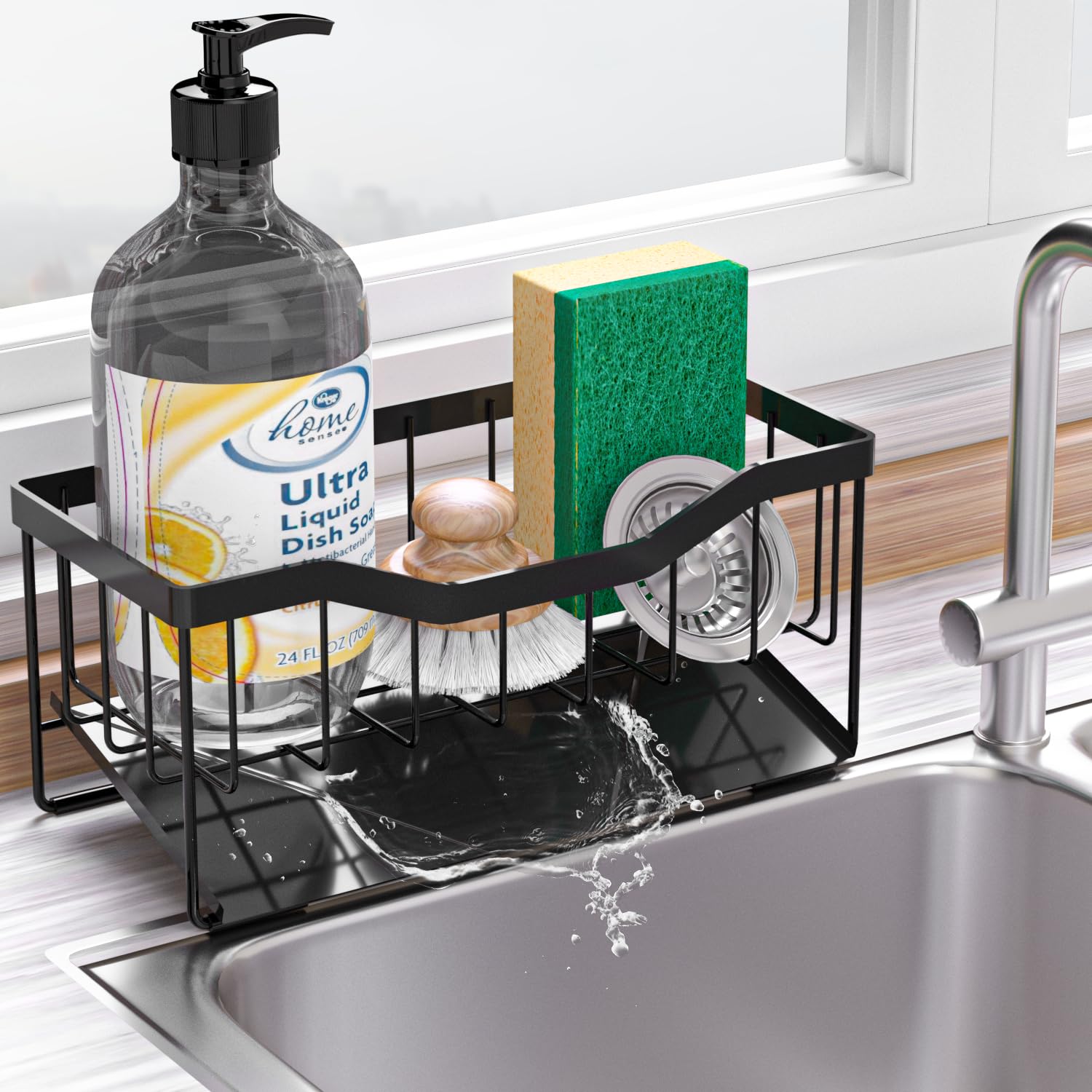 Vanwood Sponge Holder For Kitchen Sink With Auto Draining Tray, Sink Caddy Kitchen Sink Cocina Organizer, Self Drain Dish Soap S