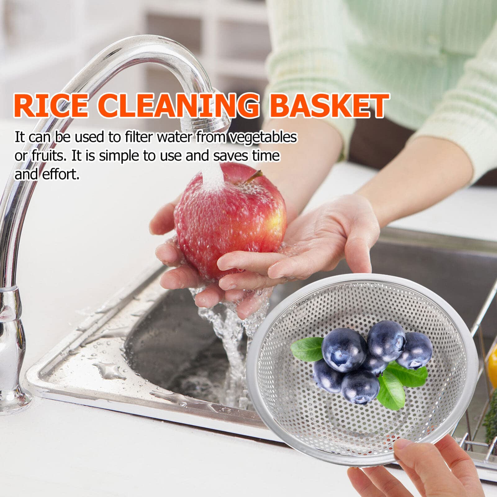 Kichvoe Stainless Steel Colander Micro-Perforated Metal Food Strainer Basket Mesh Net Vegetable Rice Washing Bowl With Handle Fo