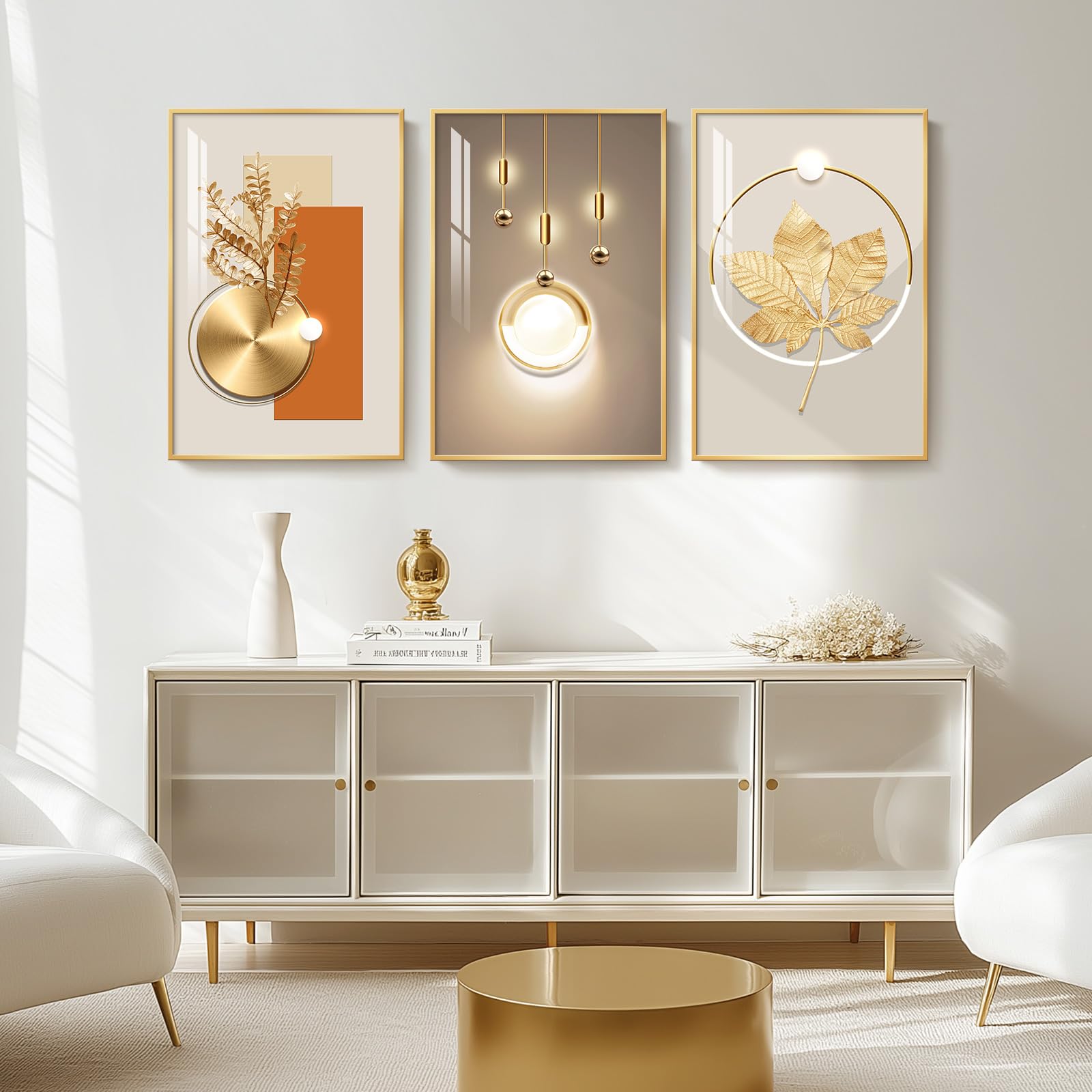 Framed Modern Luxury Gold Large Wall Art For Living Room, Set Of 3 Piece Contemporary Paintings Artwork For Walls, Golden Prints