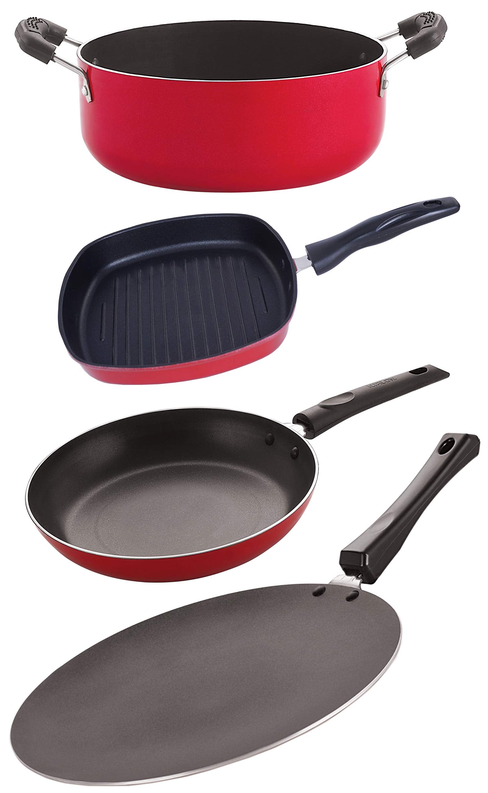 Nirlon Nonstick Aluminium Cookware 4 Pieces Set, Red (Concave Tawa 27.5Cm + Tapper Pan 1 Ltr + Grill Pan 24.5Cm + Casserole 3.1 