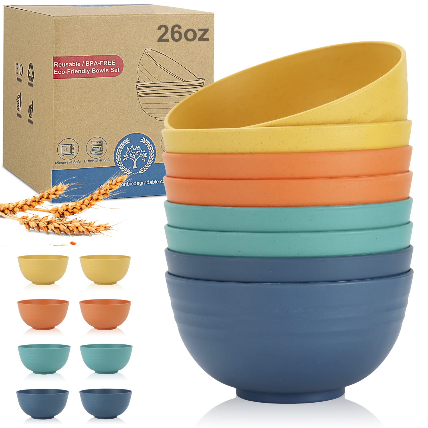 Wheat Straw Bowl Sets,8 PCS Unbreakable Cereal Bowl 26 OZ,Microwave and Dishwasher Safe Bowls,Bowl Sets for Camping and Picnic B