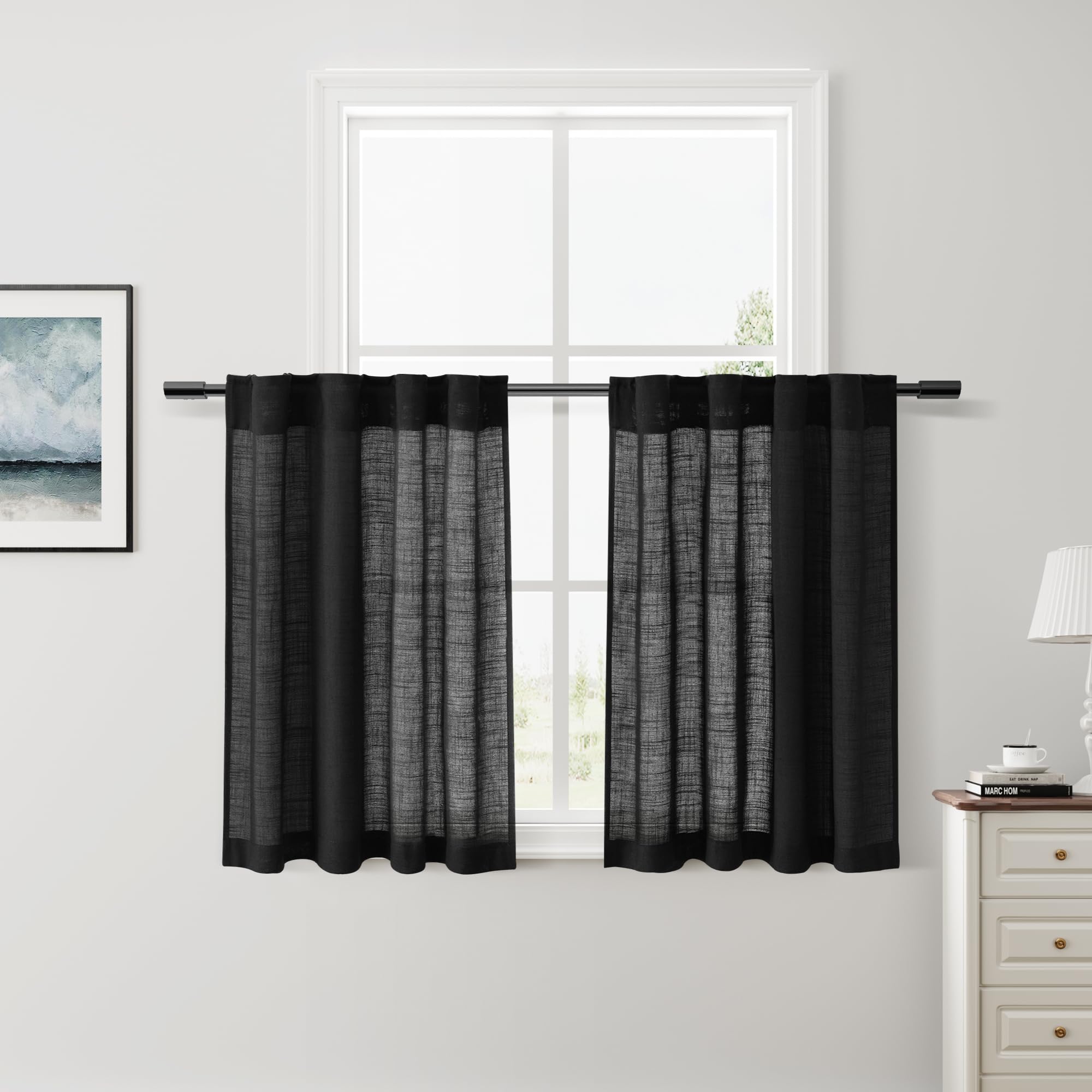 Nanspring Short Linen Curtains 36 Inch Length for Kitchen Windows Over Sink Black Privacy Panels Back Tab and Rod Pocket Neutral