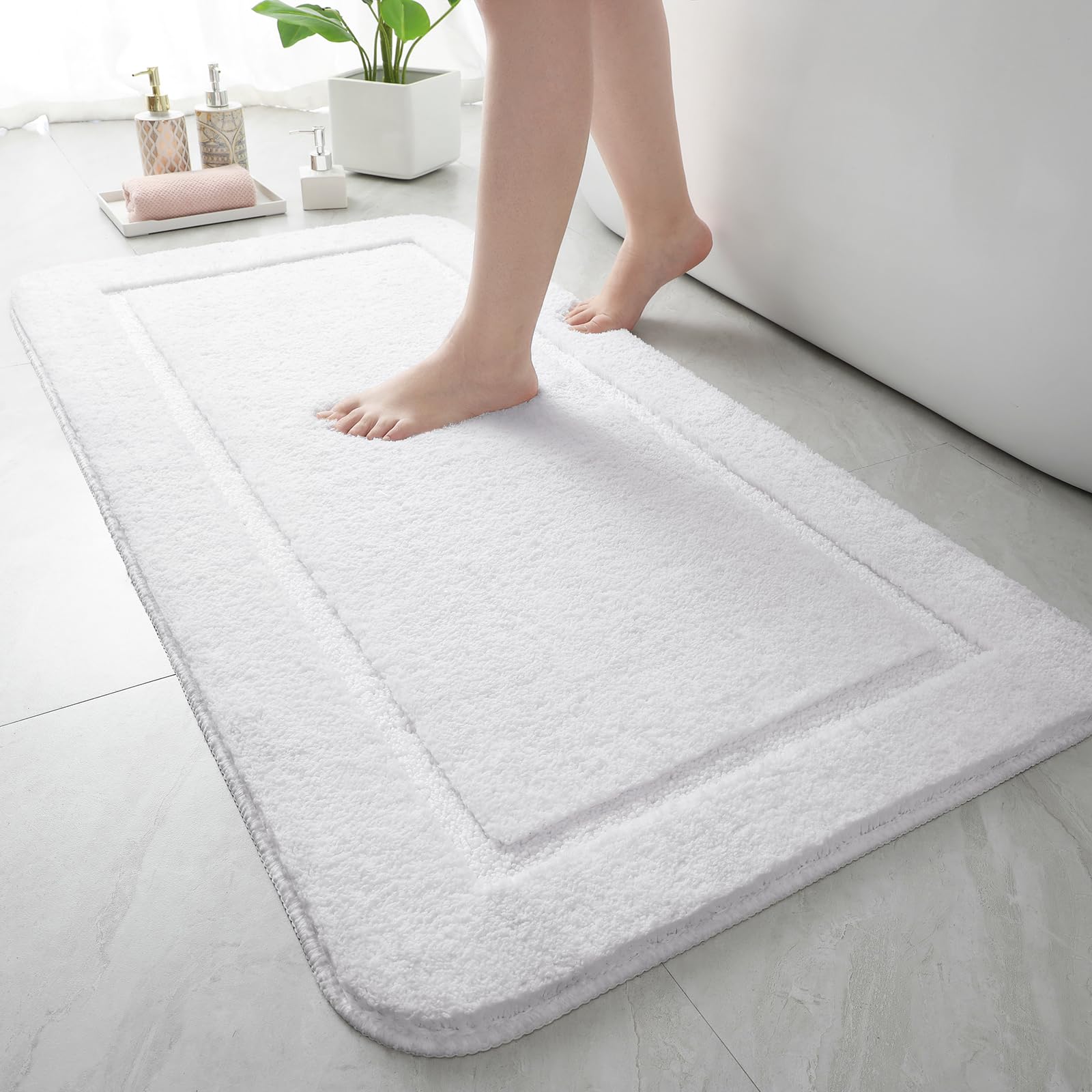 Homore Luminous White Bathroom Rugs,32X20 Inch Non Slip Bathroom Runner Rug, Extra Soft Long Bath Rug, Absorbent Thick Microfibe