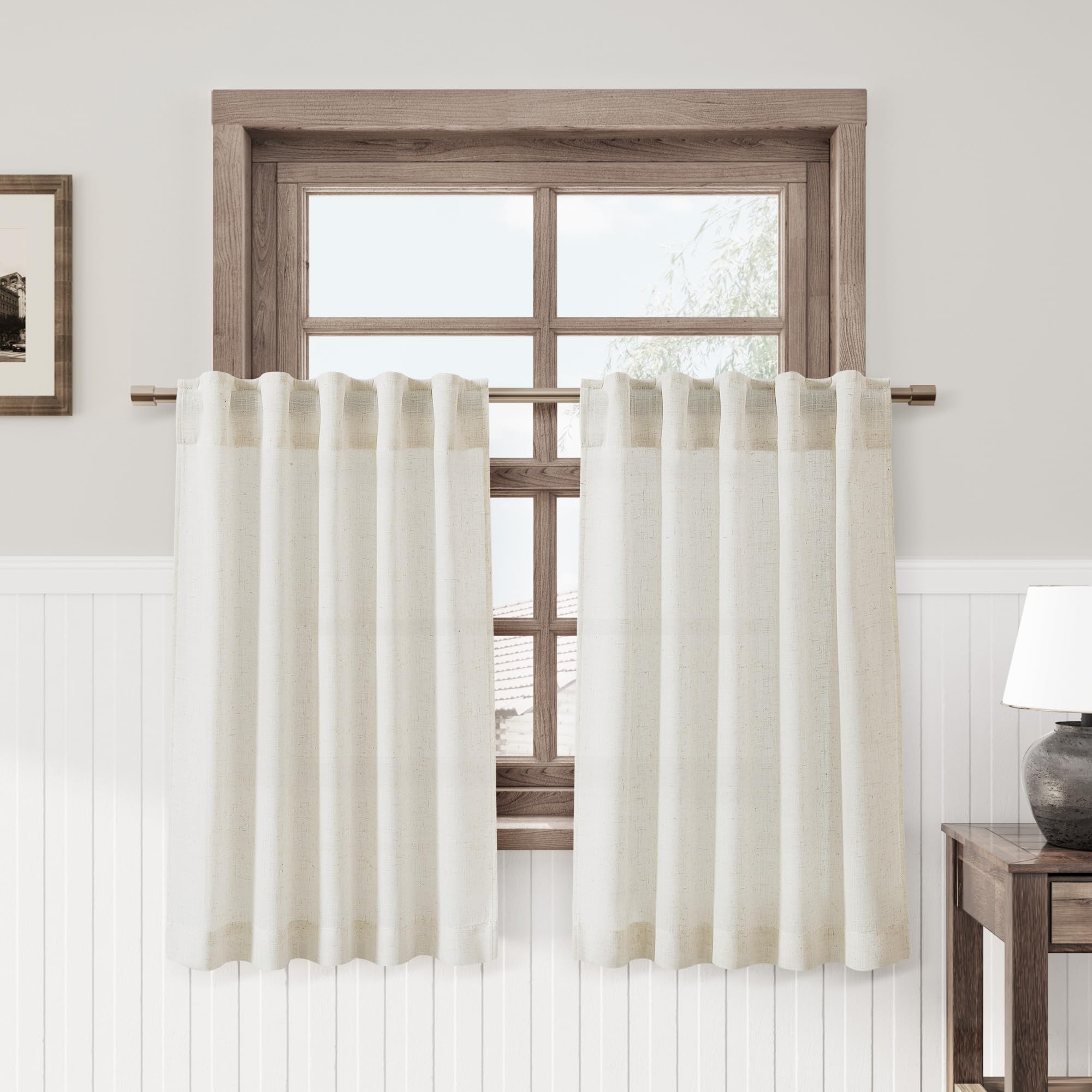 Nanspring Linen Kitchen Curtains Country Flax 45 Inch Length Short Curtains for Small Windows Light Filtering Sheer Drapes with 