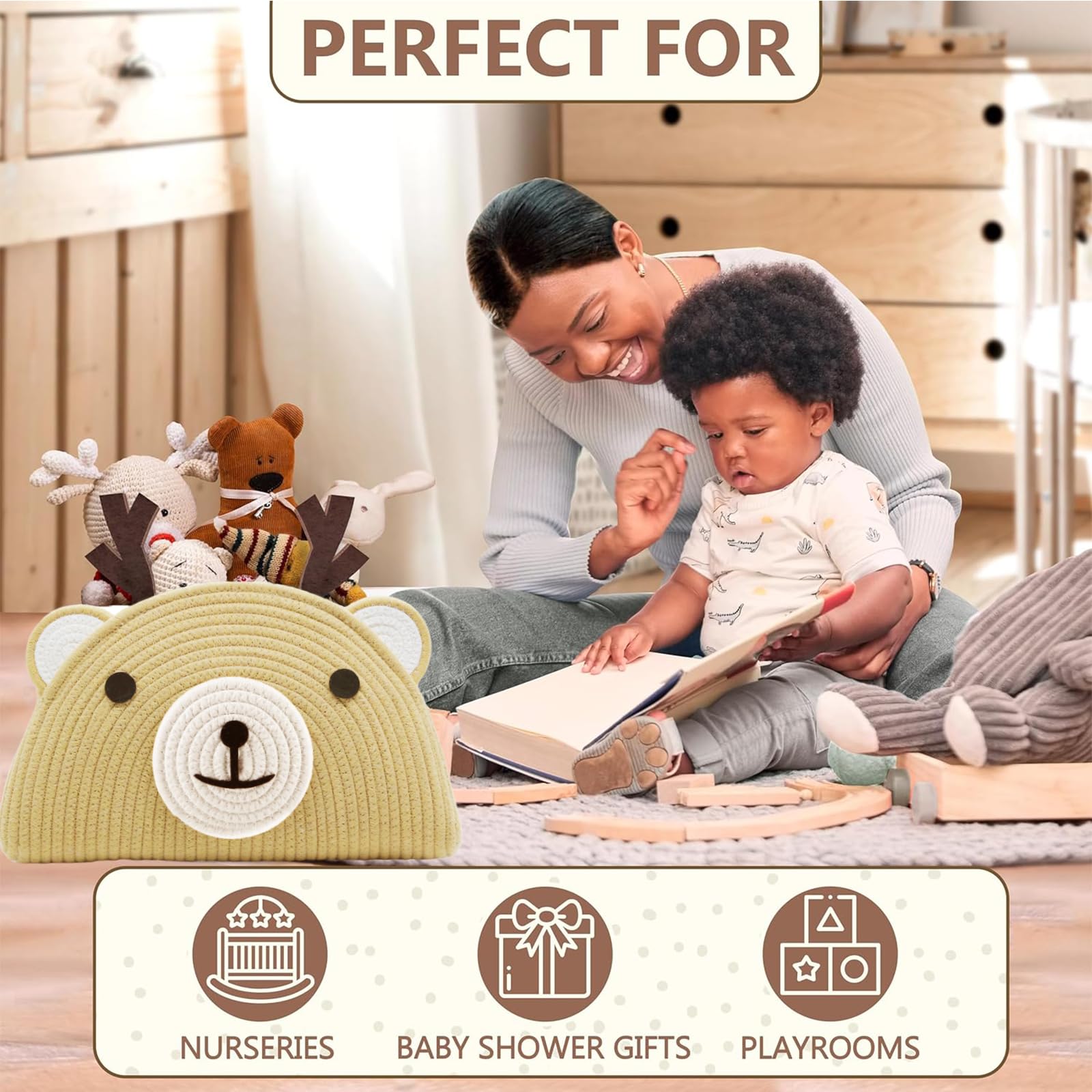 Diaper Caddy Organizer, Baby Gift Basket, Large Storage Basket, Cute Bear Design Gift for Baby Shower, Newborn Essentials, Brown