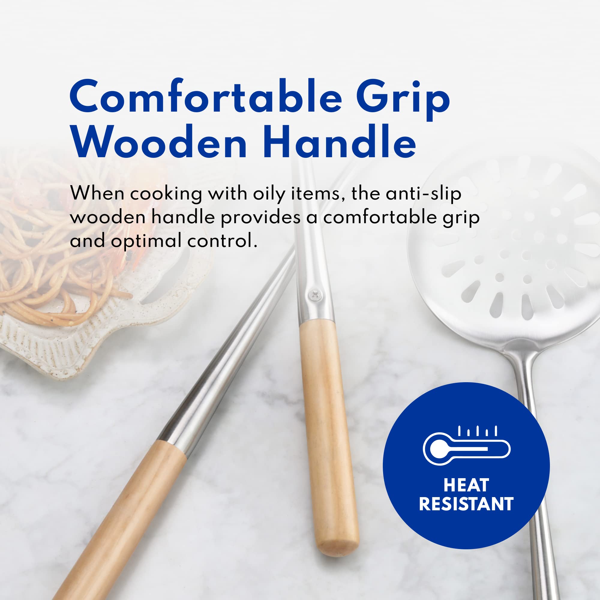New Star Foodservice 1028737 Commercial-Grade Stainless Steel Specialty Chinese Wok Utensil Set, Spatula, Solid And Perforated L