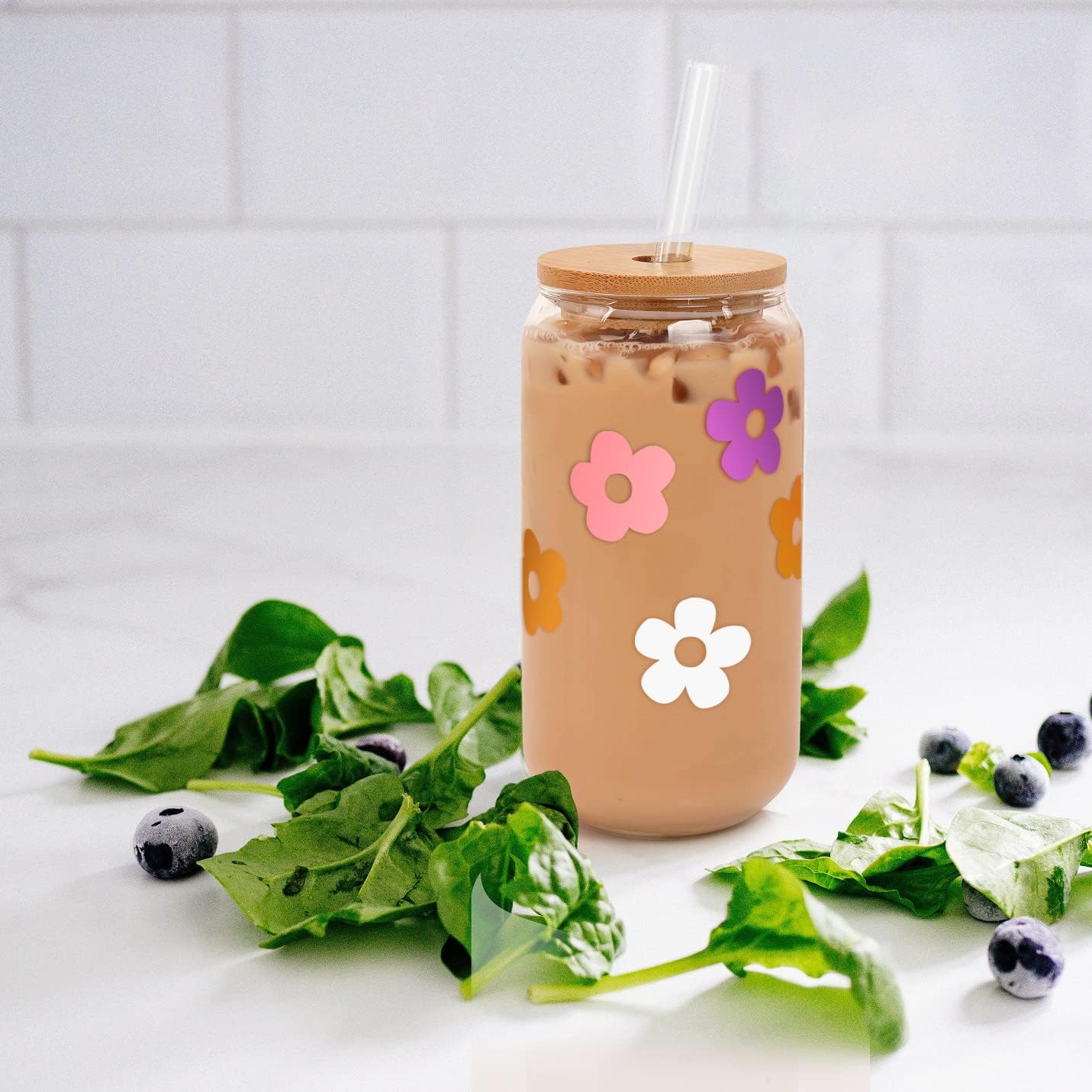 Mason Life Cute Glass Cups With Lids And Straws, Valentine 'S Day Gift For Women, 18Oz Aesthetic Cups Iced Coffee Cups, Flower C