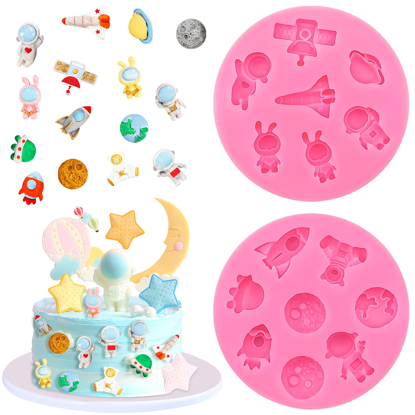 2 Pcs Astronaut Rocket Planet Fondant Silicone Molds SpaceThemed Chocolate Candy Epoxy Resin Mold Cute Soap Kitchen Baking Tool