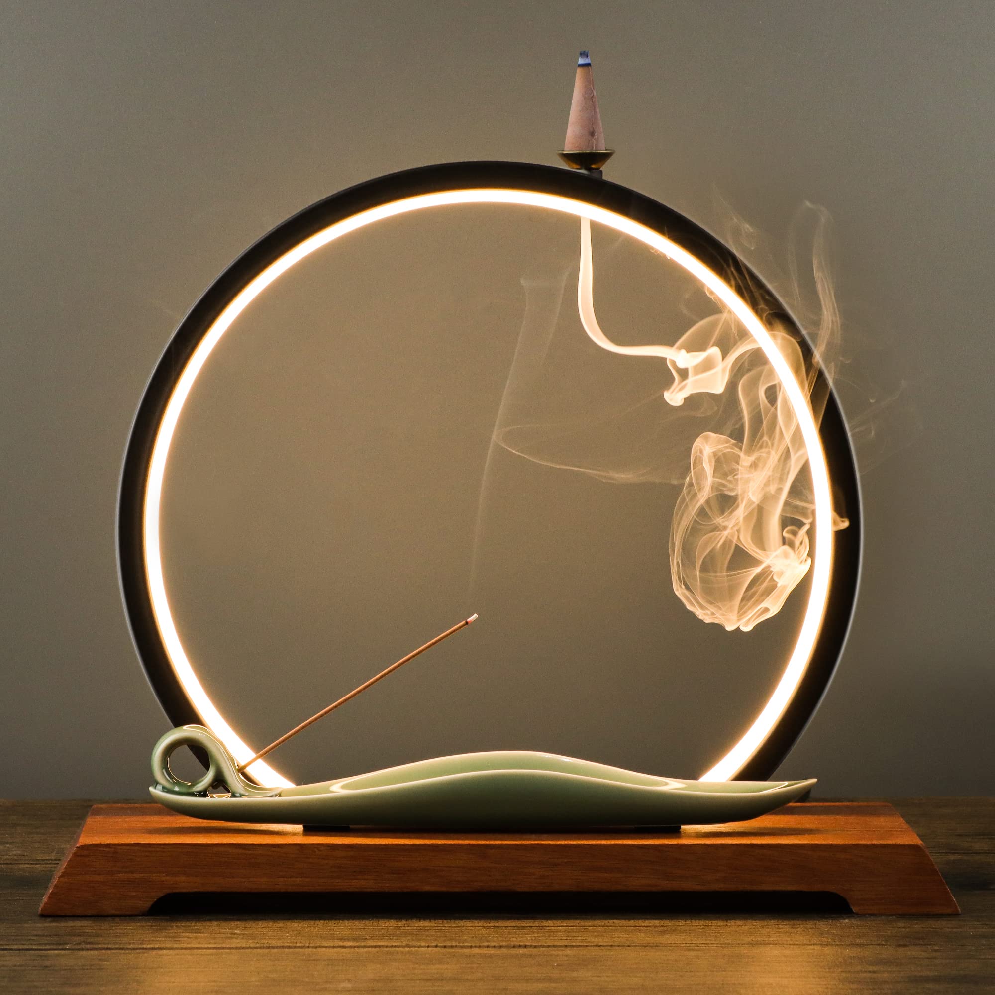 DOBEHOME Backflow Incense Holder with LED Light Ring Ceramic Incense Burner Waterfal with 1 tweezer and 30 Incense Sticks LED In