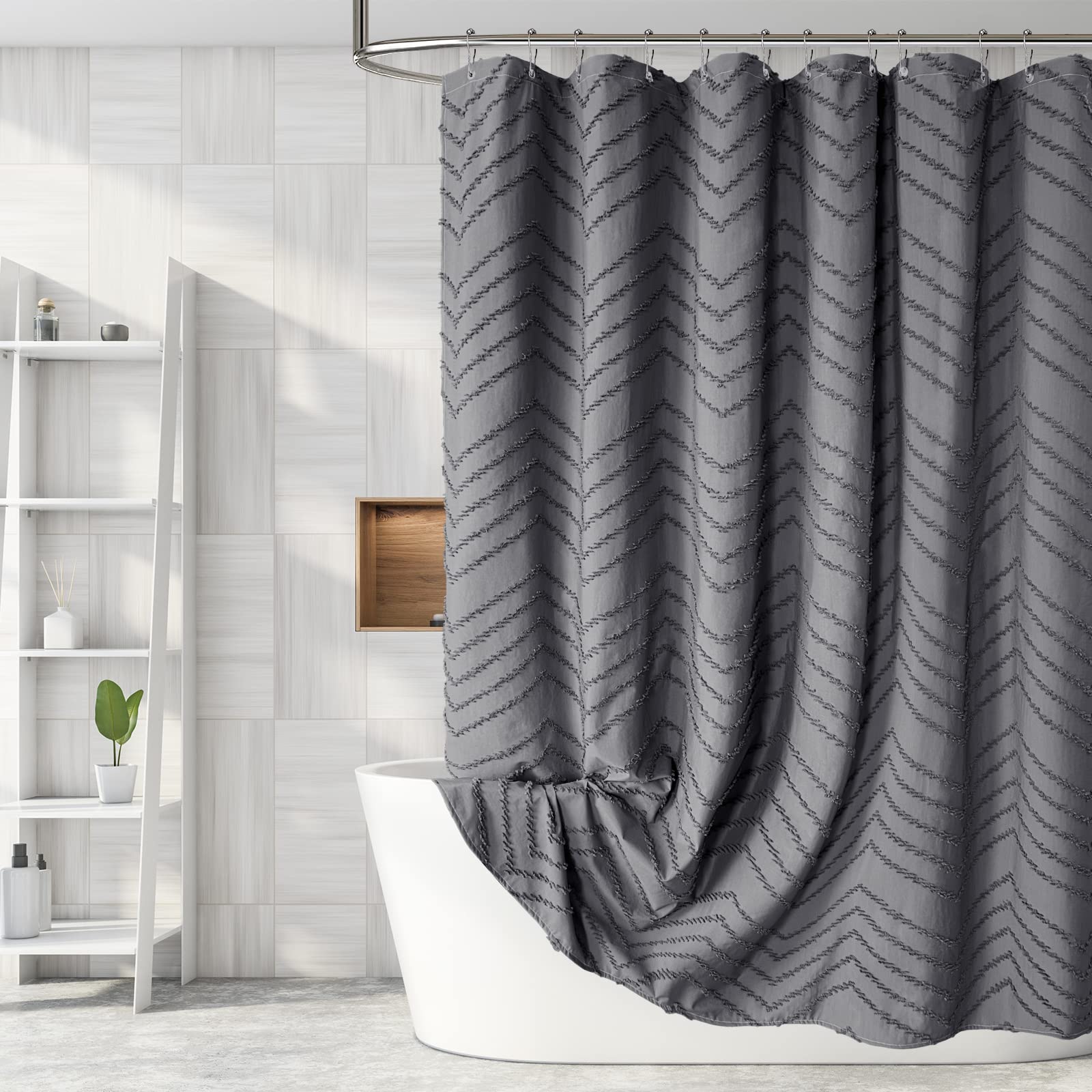 Boho Gray Shower Curtain Tufted Chevron Striped Shabby Chic Textured Cloth Shower Curtains For Bathroom, Modern Farmhouse Waterp