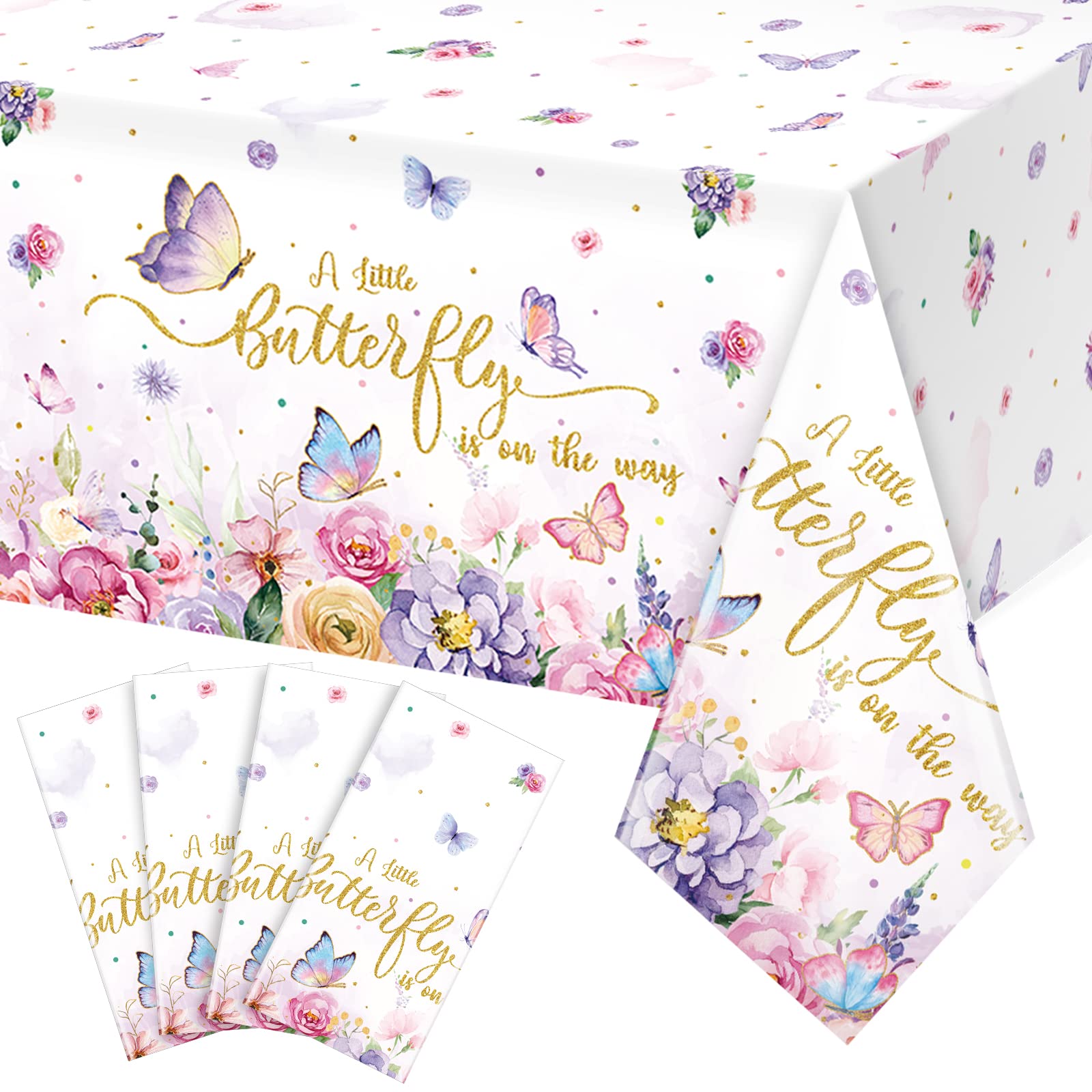 4 Pack Butterfly Baby Shower Tablecloth, Little Butterfly Is On The Way Baby Shower Decorations, Plastic Disposable Rectangle Wa