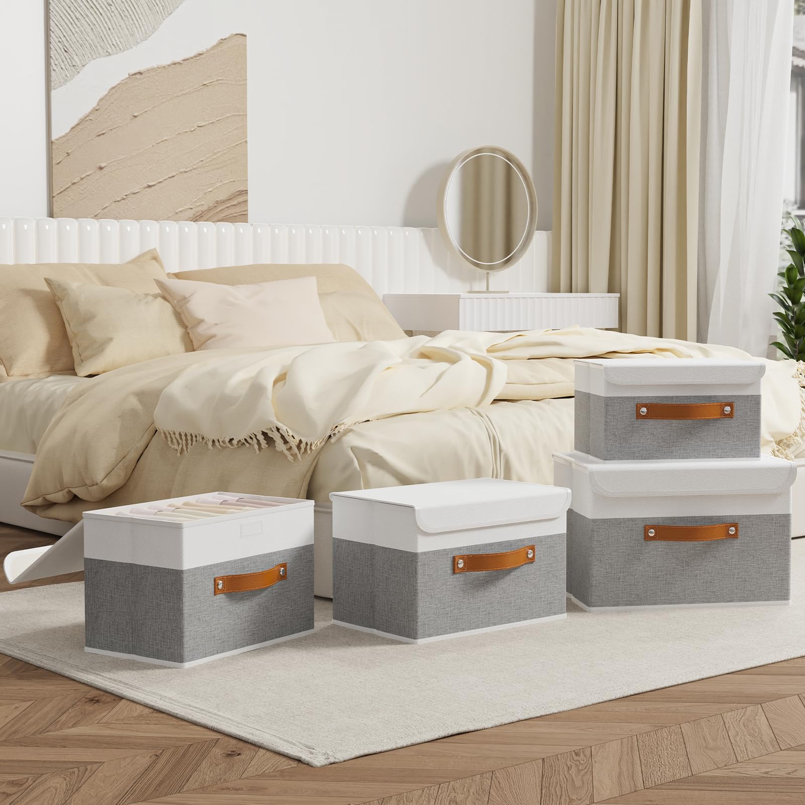 OUTBROS Foldable Storage Boxes with Lids Large Linen Fabric Foldable Storage Boxes Organizer Closet Organizers for Clothes Storage  Office Storage 15 x 9.8 x 9.8 inch White/Grey 5-Pack