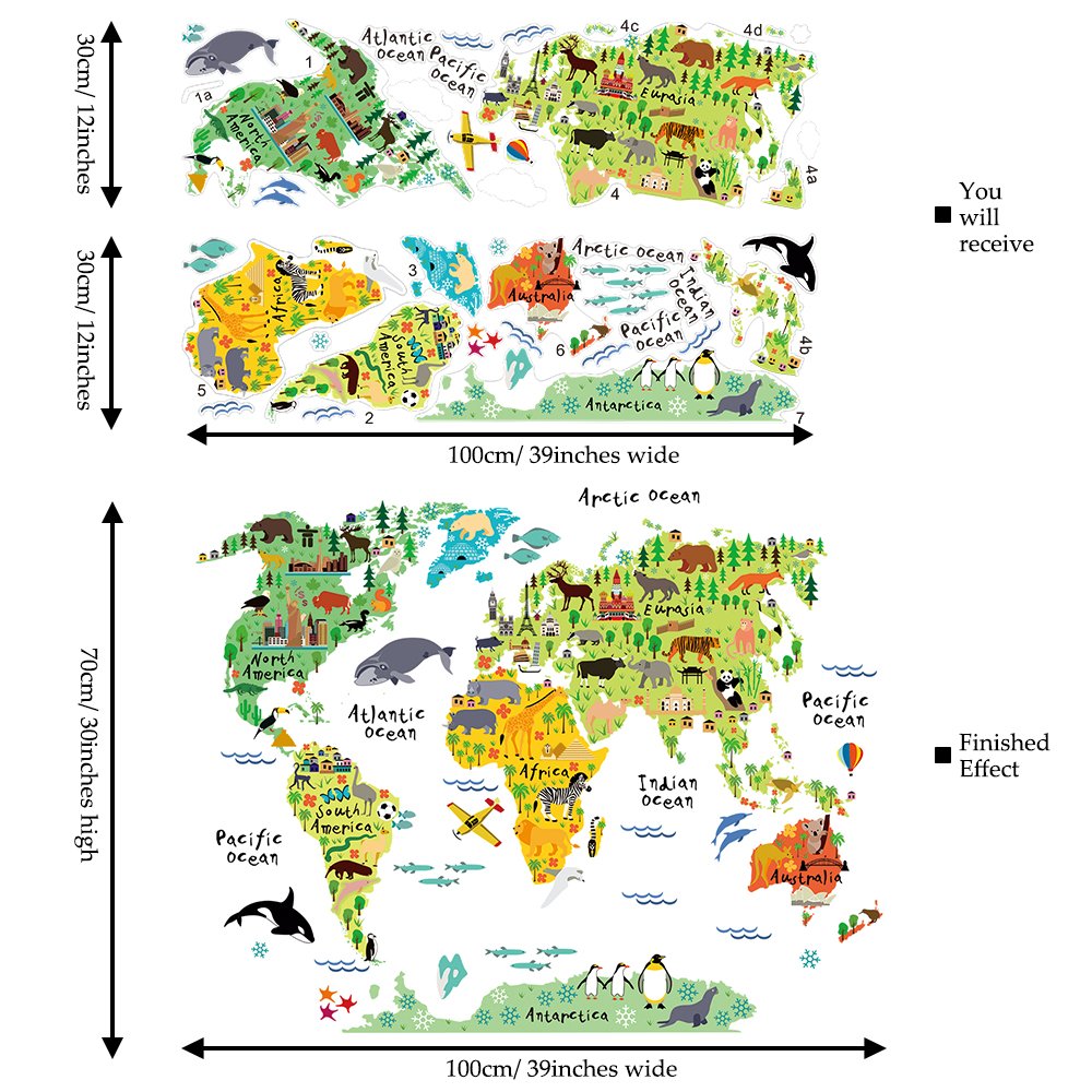 Homeevolution Large Kids Educational Animal Landmarks World Map Peel & Stick Wall Decals Stickers Home Decor Art For Nursery