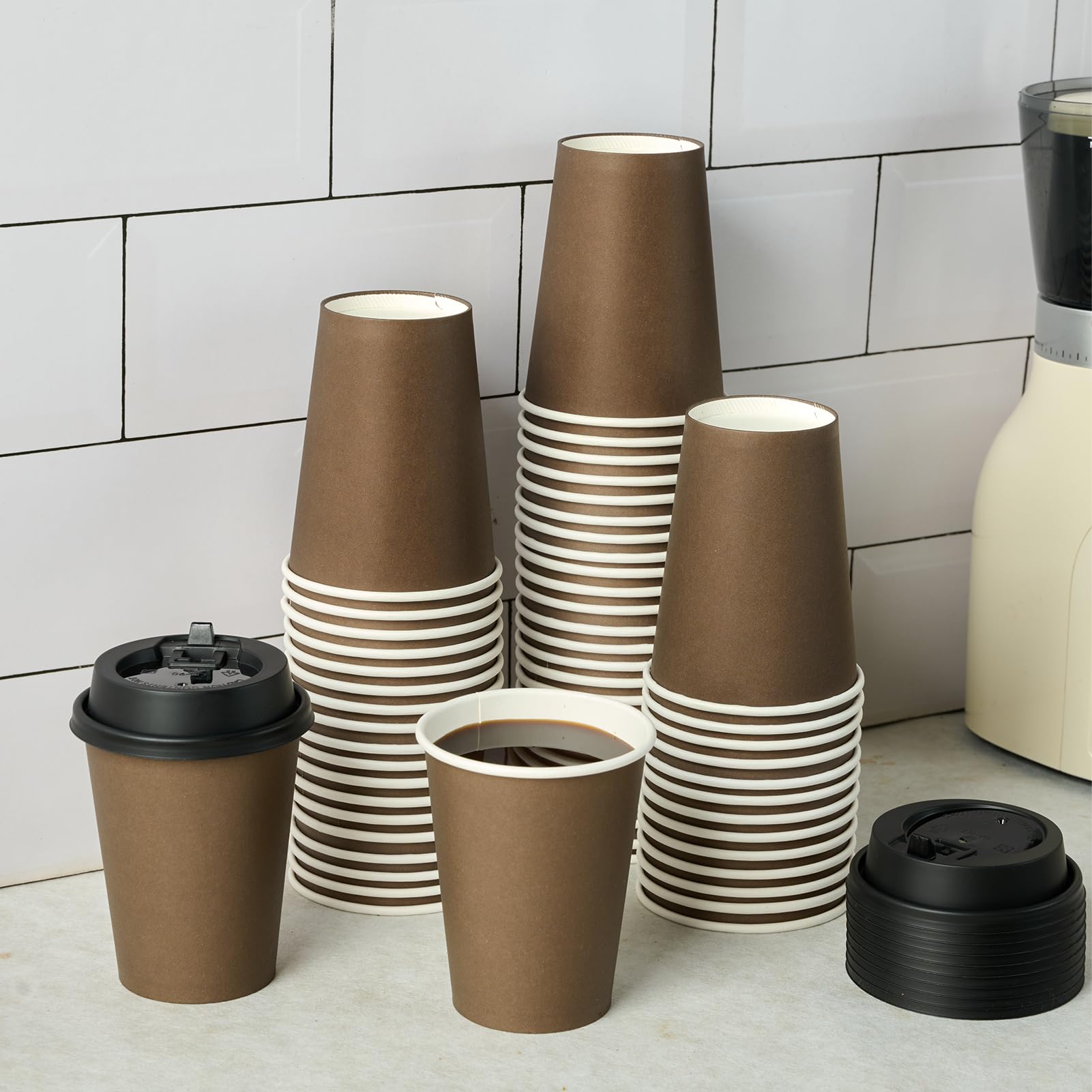 LITOPAK 100 Pack 12 oz Paper Coffee Cups  Brown Disposable Coffee Cups with Lids  Drinking Cups for Cold/Hot Coffee  Water  Juice  or Tea  Hot Paper Coffee Cups for Home  Restaurant  Store and Cafe.