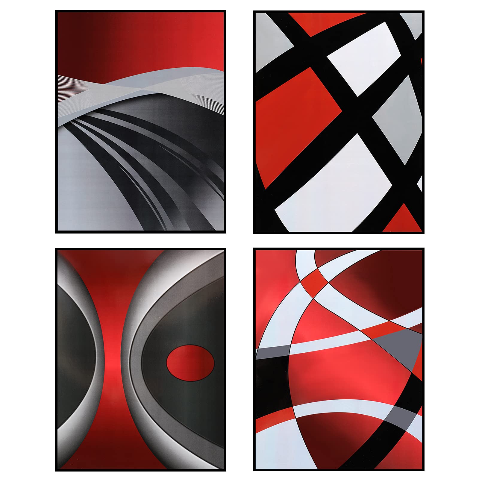 Outus 4 Pcs No Framed Modern Multi Colors Abstract Wall Art Red Silver and Black Minimalist Block Line Abstract Art Prints Paper