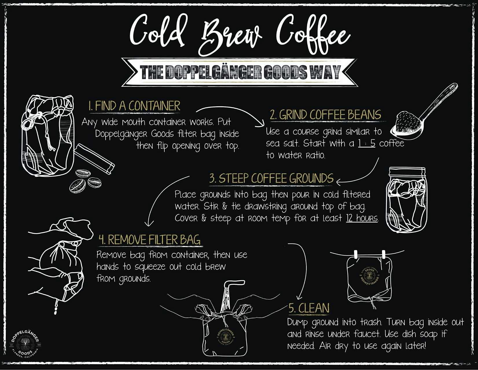 (2-Pack, Medium 8In X 12In) Organic Cotton Cold Brew Coffee Bag - Designed In California - Reusable Coffee Filter With Easyopen