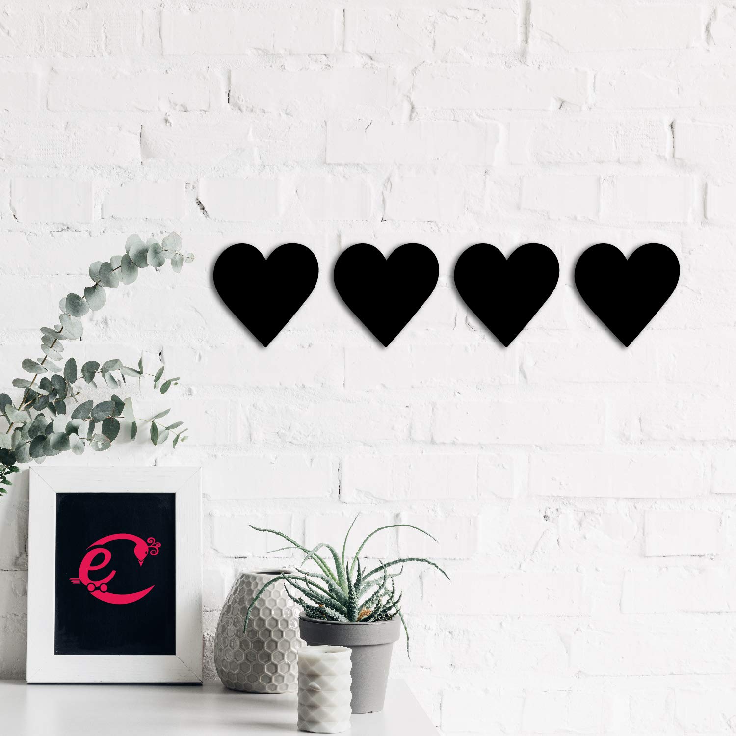 Ecraftindia Set Of 4 Hearts Black Engineered Wood Cutout Wall Art Decor | Romantic Wall Hanging For Bedroom, Nursery, Home, Offi