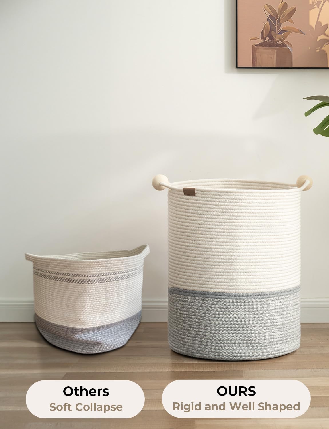 Storageworks 58L Cotton Rope Laundry Basket With Wooden Beads Handles, Woven Basket For Storage, Dirty Clothes, Kids Toys, Towel