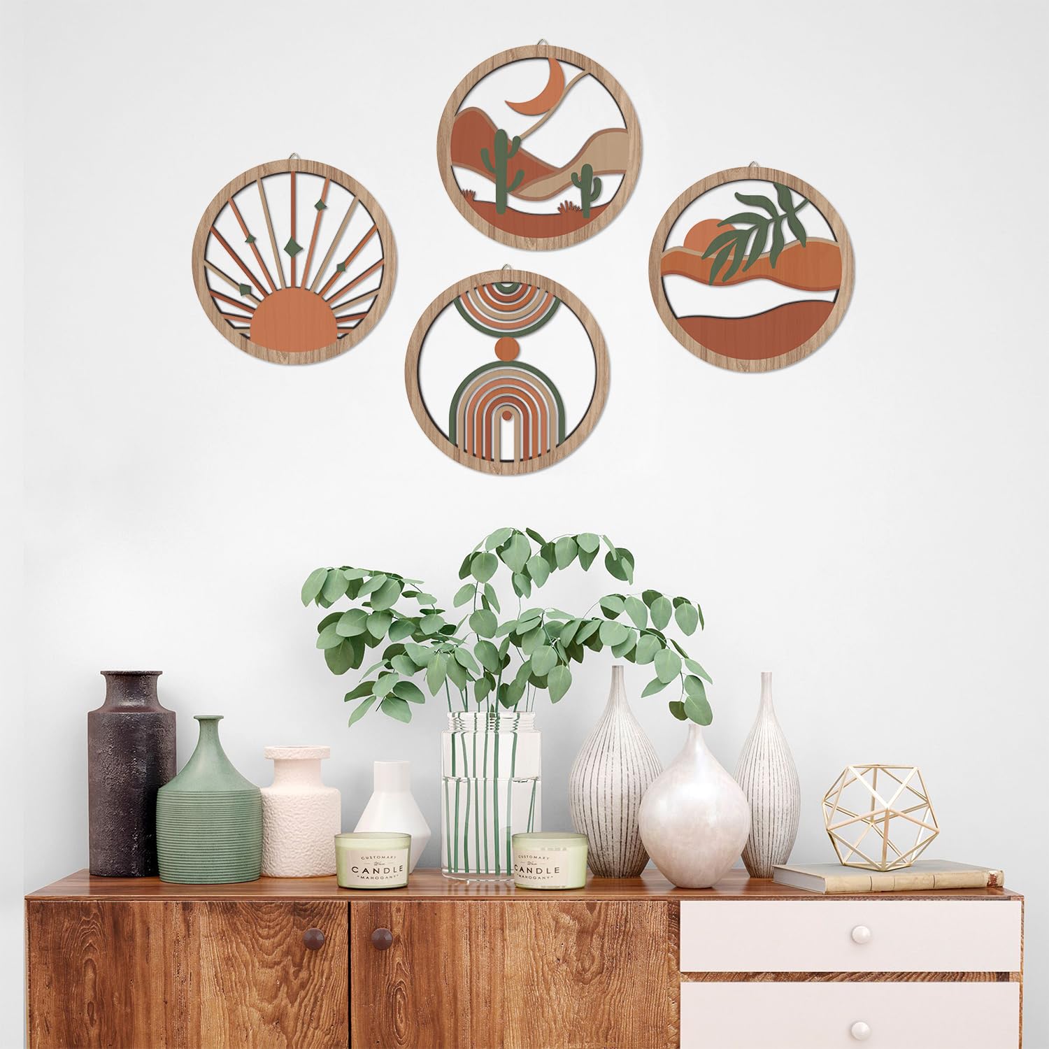 HPNIUB 4 Pcs Boho Wall Art Decor, Bohemian Geometric Hanging Wood Sign for Living Room, Aesthetic Abstract Desert Cactus, Minima