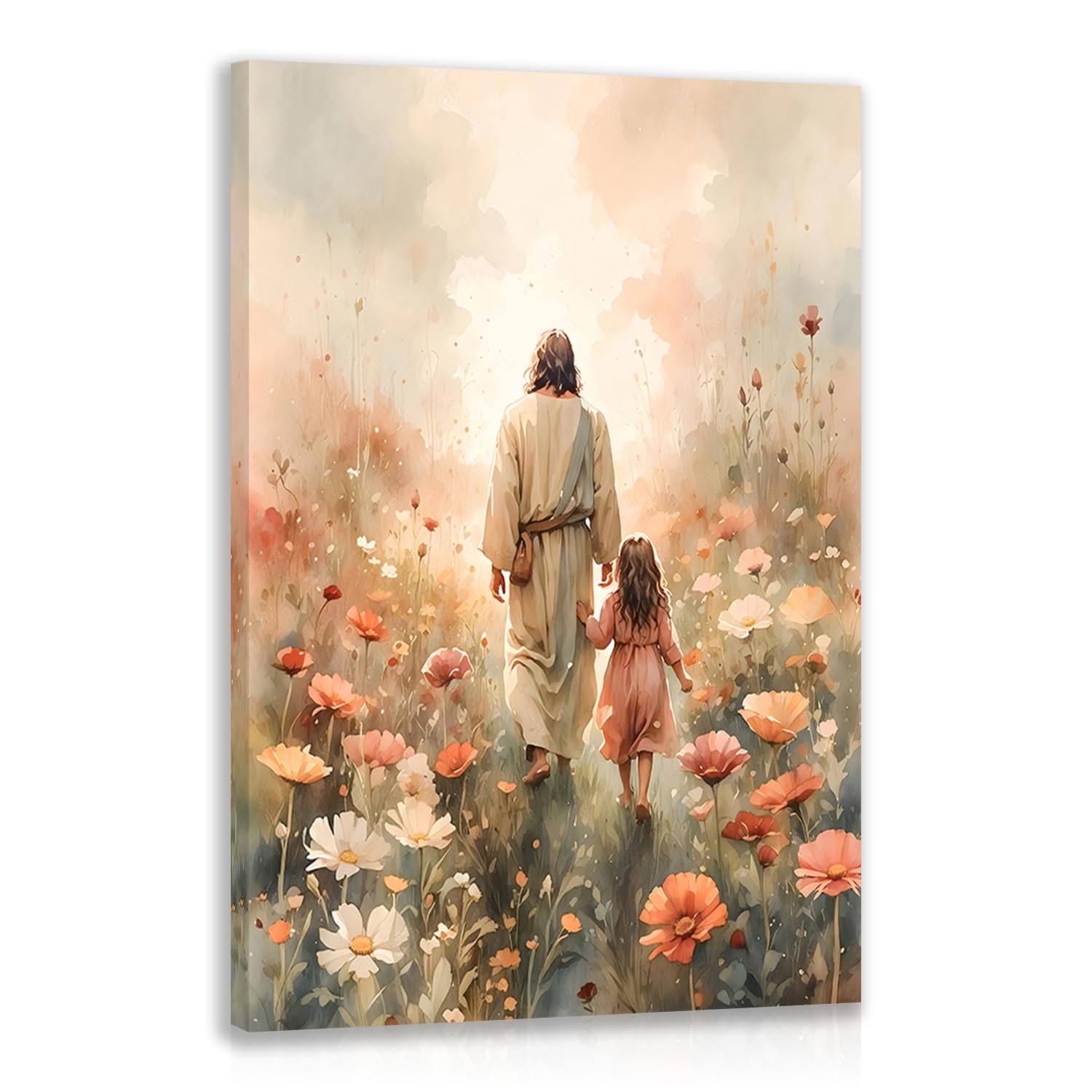 Cyebmo Jesus With A Little Girl Wall Decor,Flower Field Watercolor Painting,Wrapped Canvas,24L X16W