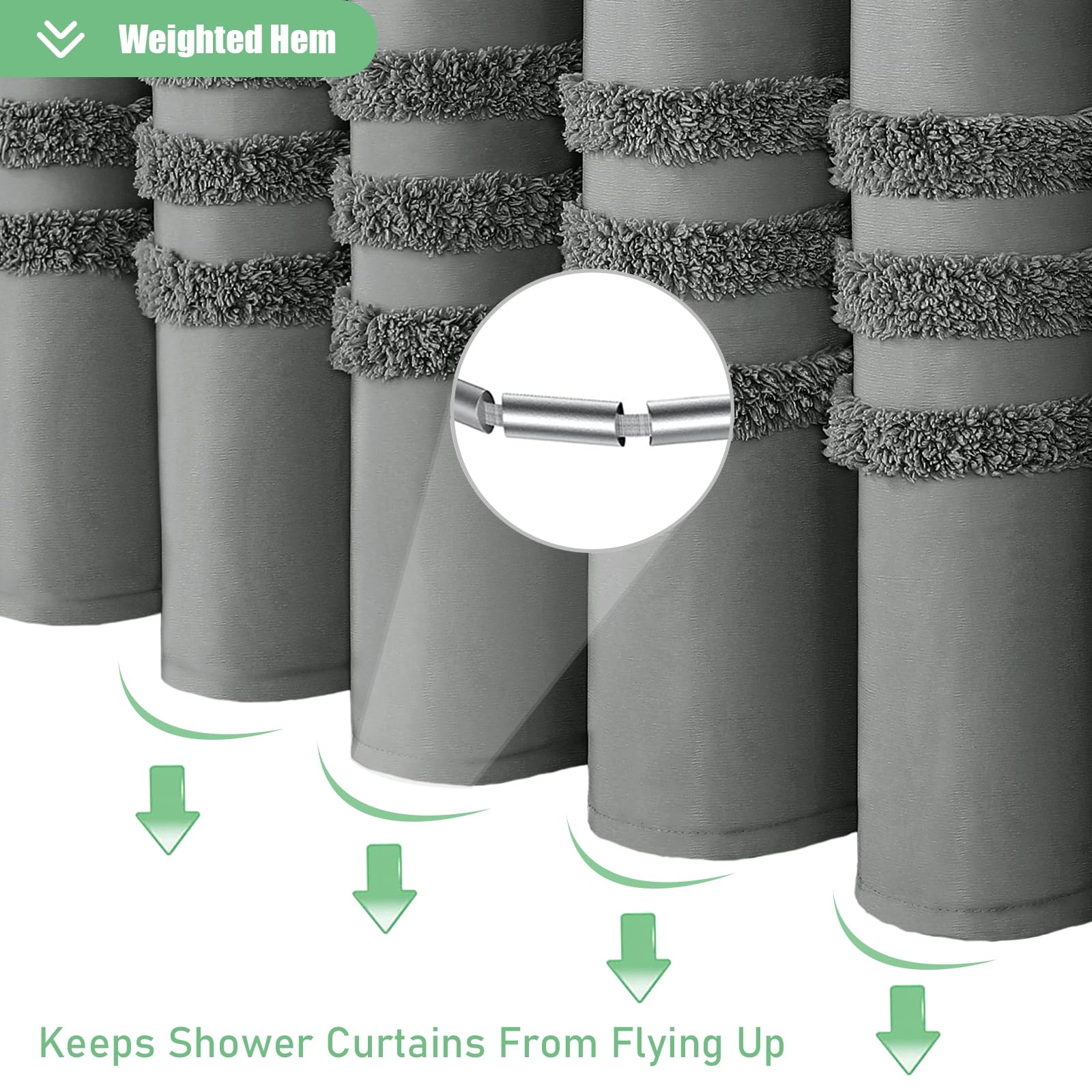 Dynamene Charcoal Grey Fabric Shower Curtain, Tufted Chenille Striped Cloth Shower Curtain For Bathroom, Modern Farmhouse Shabby