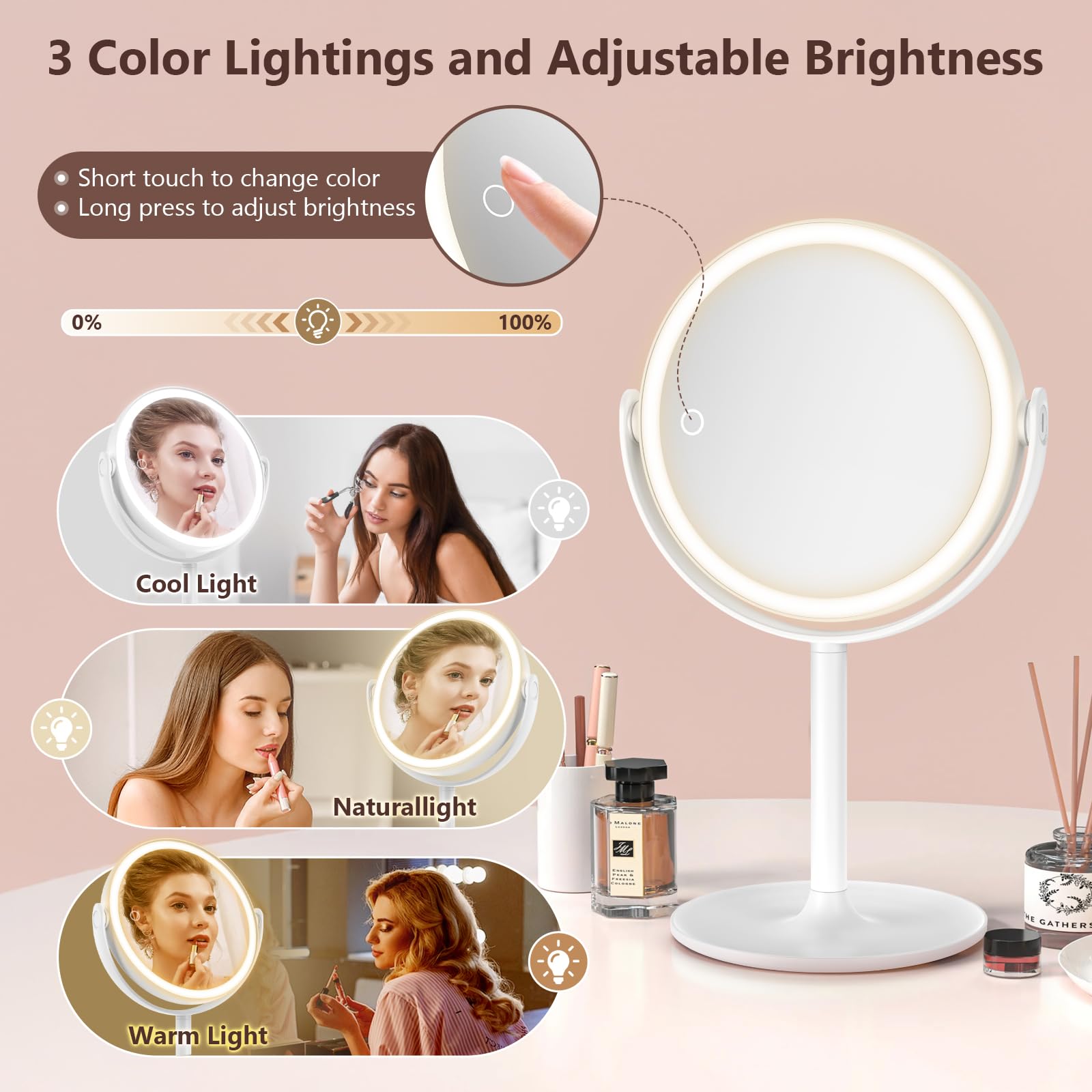 Loksengtech Lighted Makeup Mirror,1X/10X Magnifying Mirror With 3 Colors Lights,Rechargeable Double-Sided Face Mirror,Brightness