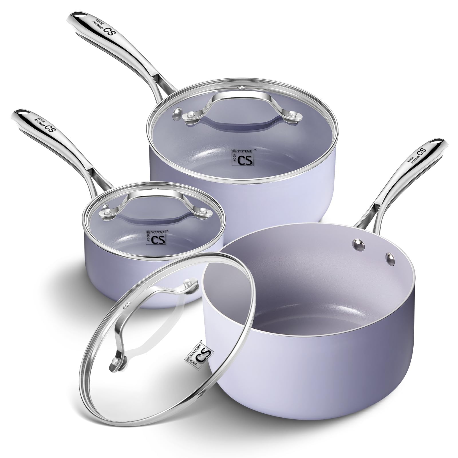 KOCH SYSTEME CS 1 + 2 + 3 QT Saucepan with Lid, 6pcs Pots Set with CoolTouch Handles, Oven Safe, Purple