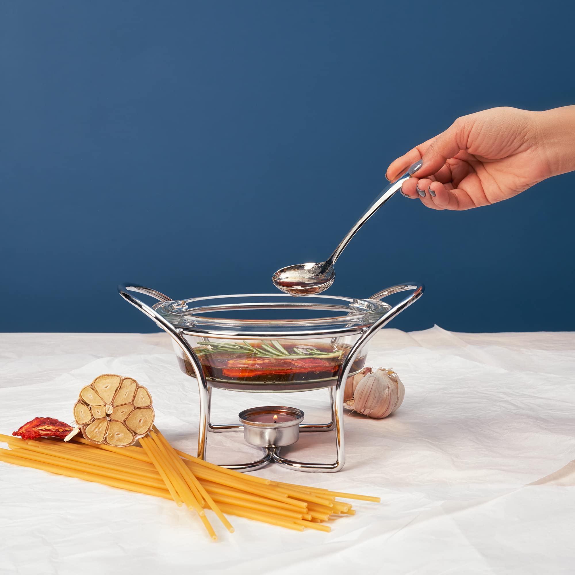 Rigeli Regent Chromeplated Wire Sauce Warmer W/Ladle Stainless Steel Round Soup Warmer With Spoon Perfect For Chocolate, Caramel