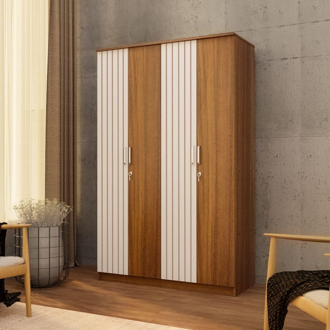Amazon Brand  Solimo Tetra Engineered Wood 4Door Wardrobe (Leon Teak Fluted, 4 Door)