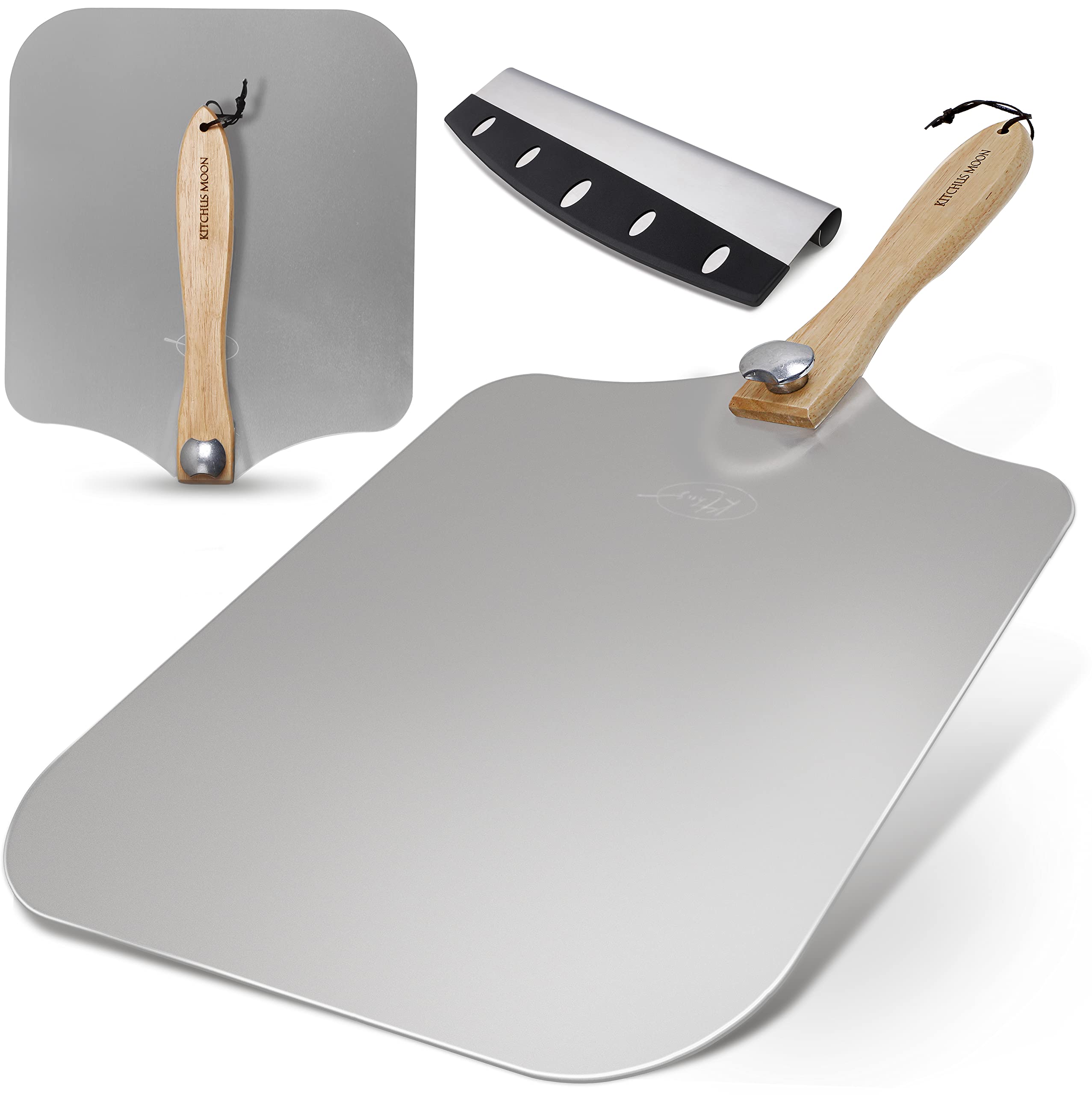 Kitchus Moon Large Pizza Peel 16 Inch - Extra Large Metal Pizza Peel With 14 Inch Stainless Steel Pizza Cutter Rocker, Pizza Pad